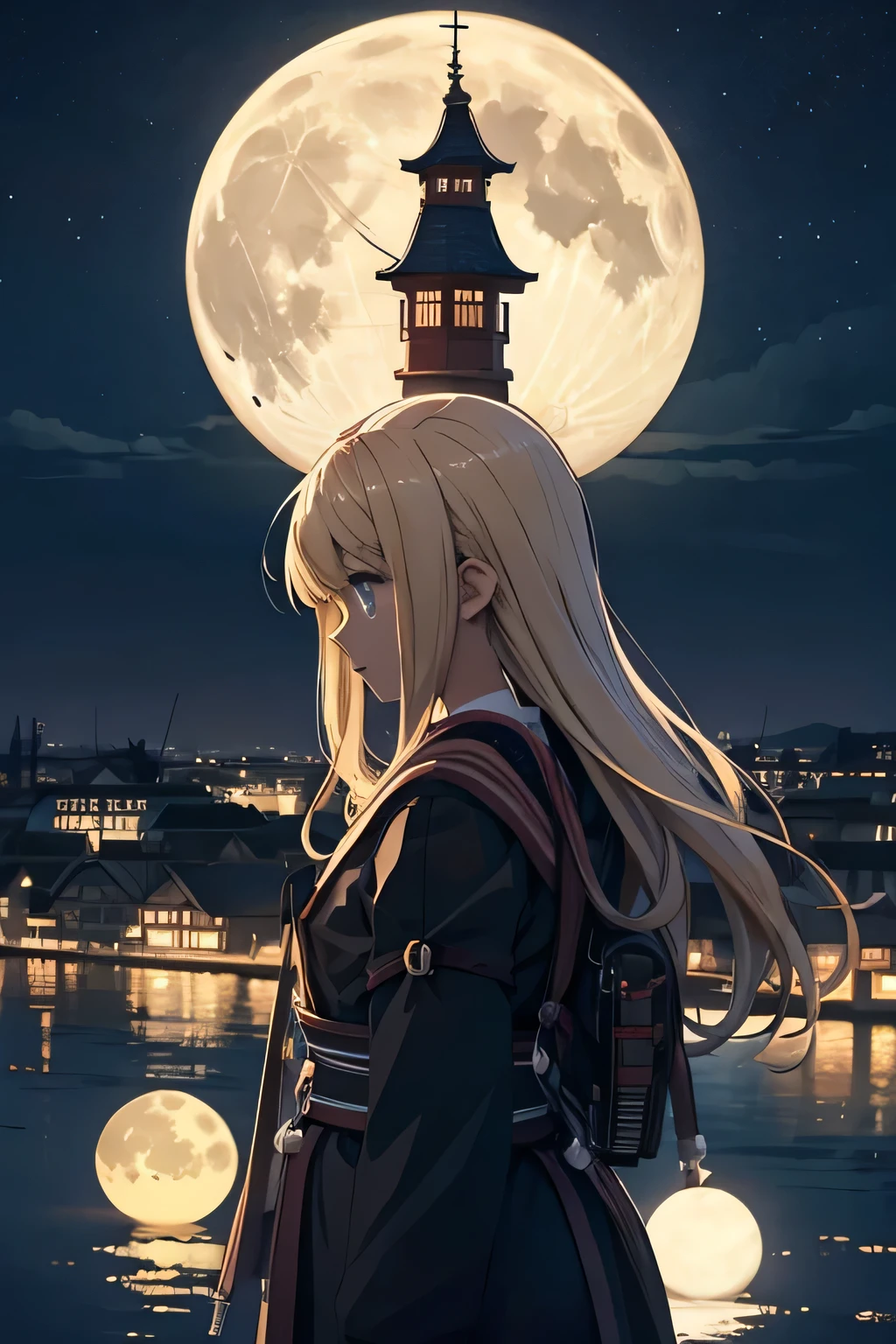 (((masterpiece: 1.5, best quality, high resolution: 1.3, super resolution, super detailed, ultra detailed:1.3, rich background:1.2))), ((close up)), ((profile picture)), 1girl, solo, green eyes, blonde long hair tied with blue ribbon, blunt bangs, cute hairpin, school uniform, white serafuku, red sailor collar, short sleeves, blue pleated skirt, (outdoor), ((sitting on the edge of cliff)), (on top of hill), ((city scenery behind: 1.3)), scenery, ((nighttime)), dark, (lowlight: 1.1), moon, (moonlight: 1.2), ((dynamic light: 1.4)), sky (falling meteors: 1.5)