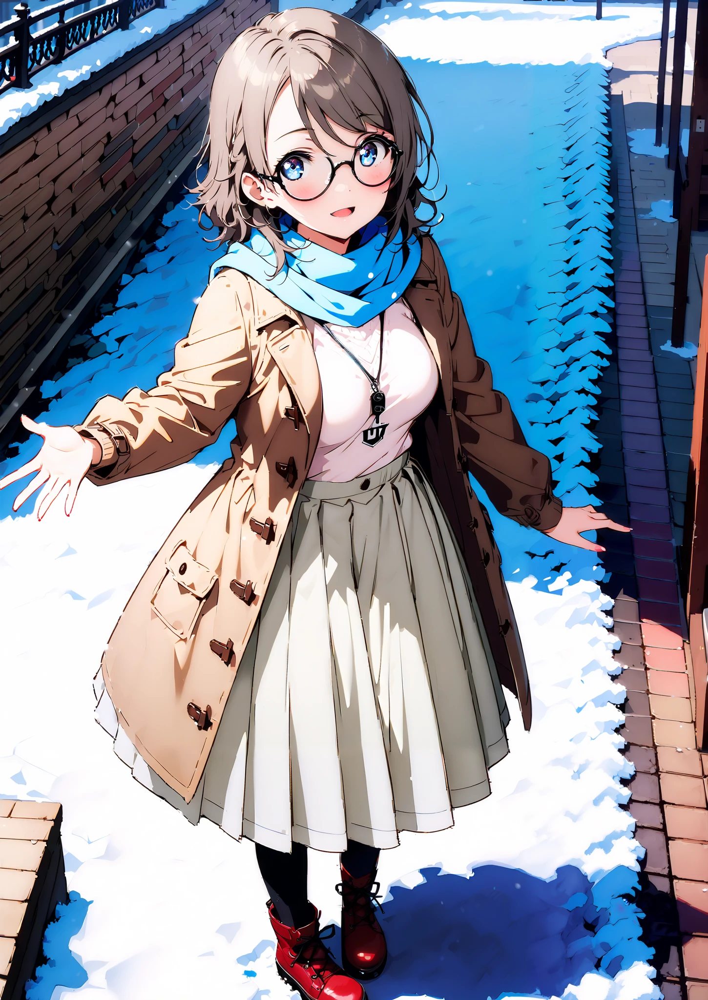  score_9,  score_8_up,  score_7_up, Alone, 1 girl, Watanabe,  short hair,Medium breast,half updo,Glasses,smile,opens her mouth,white breath,blush, duffle coat,(sweater  :1.2),( turtleneck:1.2),blue scarf , white long skirt,shoes, snow boots ,snow,morning,standing,full bodyがイラストに入るように,
break outdoors, residential area,
break looking at viewer,full body,
break (masterpiece:1.2),Highest quality , kampala, Unity 8K Wallpaper ,(shape:0.8),(  fine, beautiful eyes  :1.6),It's a person ,full body写真,CG Details , (perfect hands, complete anatomy),