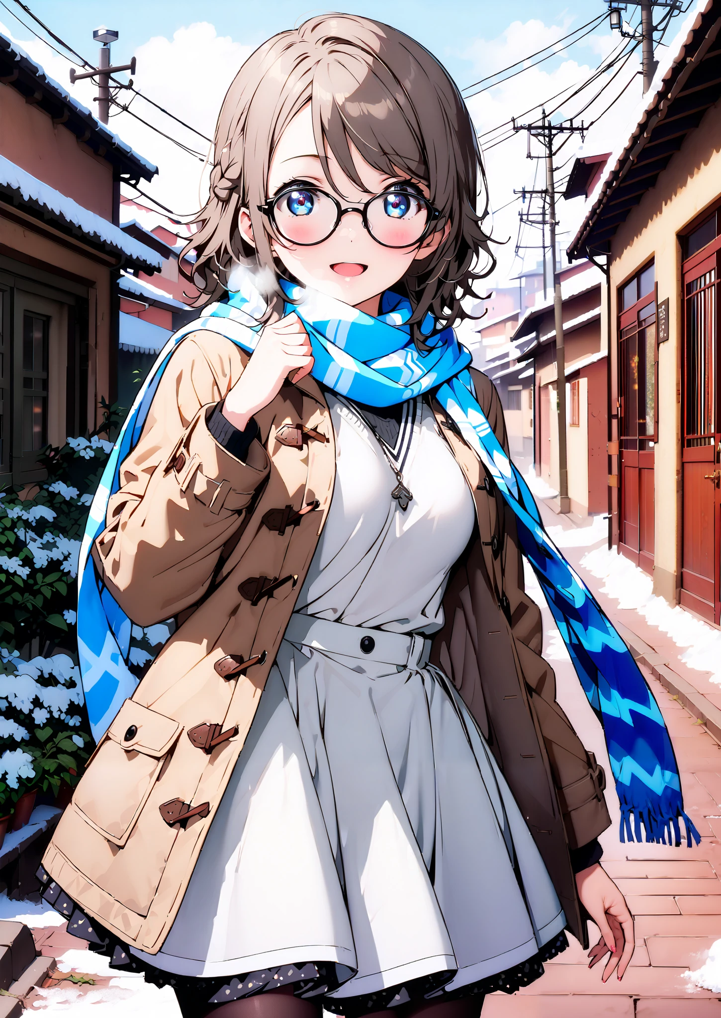 score_9, score_8_up, score_7_up, Alone, 1 girl, Watanabe, short hair,Medium breast,half updo,Glasses,smile,opens her mouth,white breath,blush, duffle coat,(sweater :1.2),( turtleneck:1.2),blue scarf , white long skirt,shoes, snow boots ,snow,morning,standing,full bodyがイラストに入るように,
break outdoors, residential area,
break looking at viewer,full body,
break (masterpiece:1.2),Highest quality , kampala, Unity 8K Wallpaper ,(shape:0.8),( fine, beautiful eyes :1.6),It's a person ,full body写真,CG Details , (perfect hands, complete anatomy),