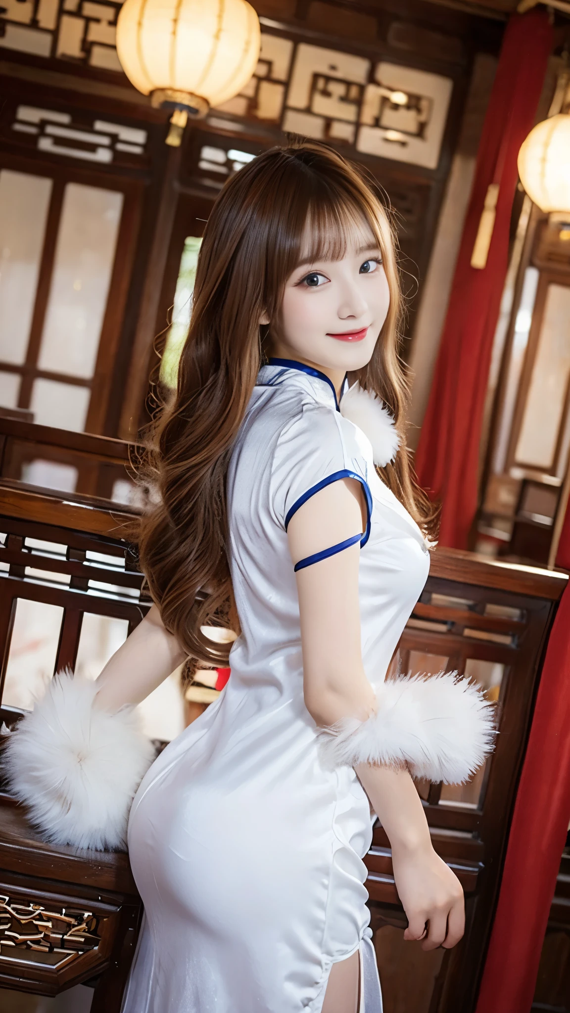 beautiful woman, Chestnut hair , Beautiful Eyes , Smile, Actual , Full HD, very beautiful dress ,Fluffy dress , curved body,Magnificent view ,Gorgeous decoration,cheongsam,中国发髻