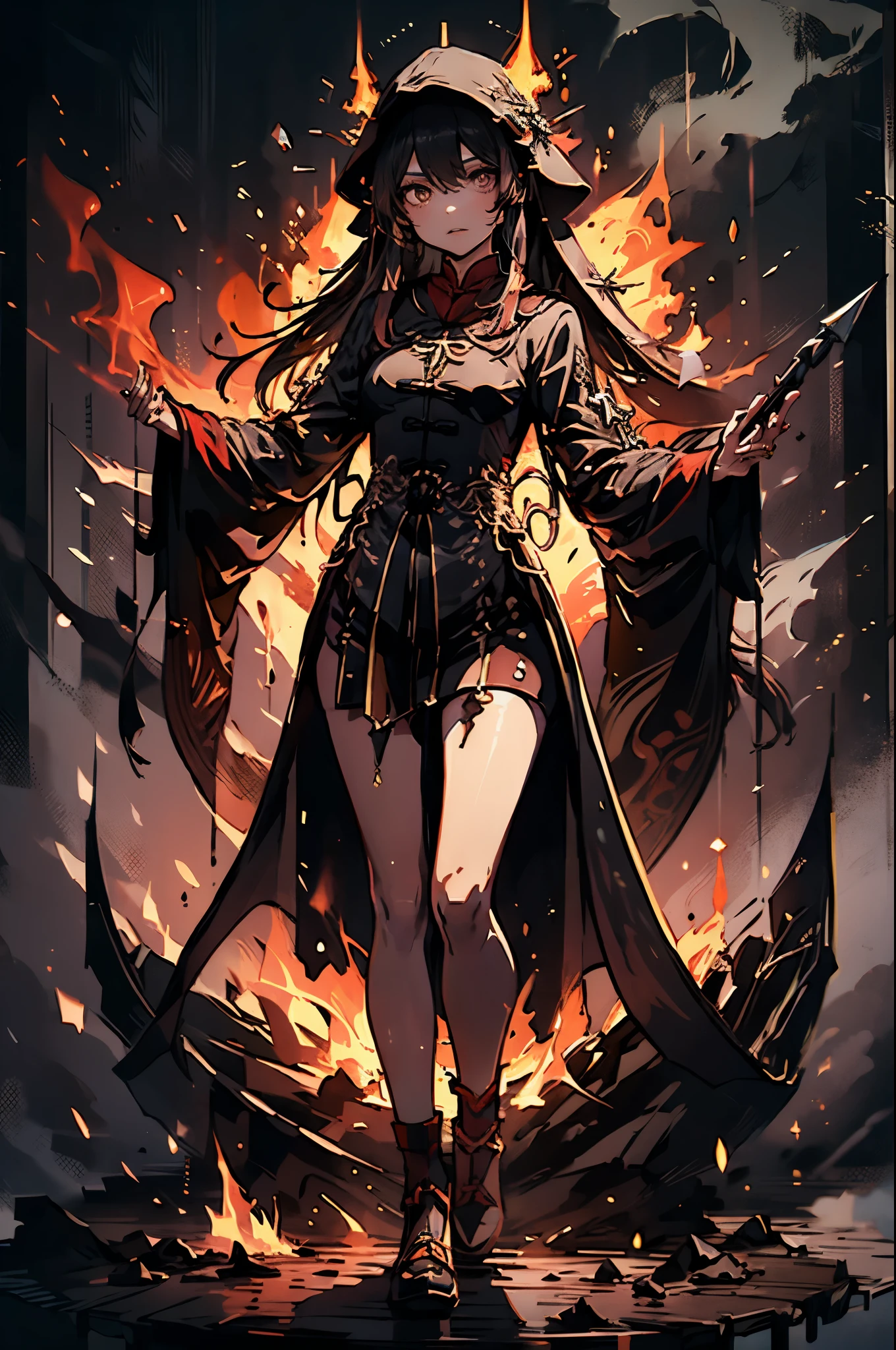in the hood, older (masterpiece), best quality, expressive eyes, perfect face(masterpiece), best quality, expressive eyes, perfect face. A reimagined version of Hu Tao, without a headdress, fire around, a spear with flame in her hands, she is grown up and tall, she is wearing a black cloak with patterns, a dark background, a necromancer, full body