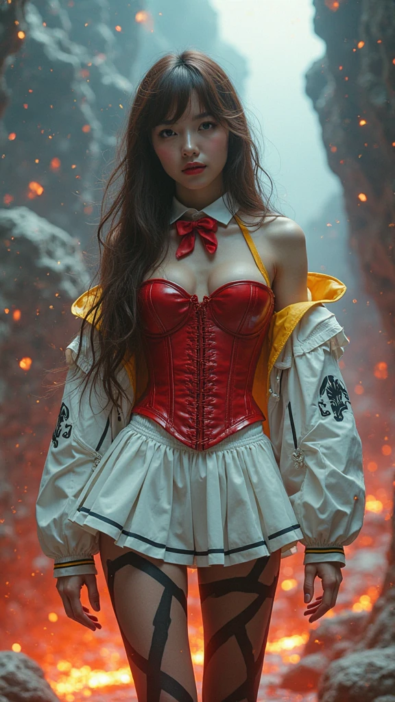 Woman in red catsuit posing on bed, Leather corset, Wearing a red latex costume, captivating and enticing, corsets, wrapped in leather straps, very tight corset, very sexy costume, cruel korean goth girl, elegant corset, Wearing a latex costume, intricate wet latex suspenders, Latex, intricate latex set, Corset wearing, Sexy 21 year old cool Korean, Beautiful steampunk anime lady, a steampunk beautiful goddess, Jeizuo, magnifica, viewer, Realistis, Full body camera, on the lap, squatt, radical, tall, Forced real water, White Less Cloth Transparent Mini Shirt, White transparent thong, Low in the steampunk world, Very fine, Beautiful eyes with cosplay details, long eyelashes, Beautiful double eyelids, Eyeshadow is very fine, Narrow eyes, Three white eyes, Dark Eye Makeup, evil smile, Beautiful, thin legs, Tie short hair back, Goofy face, Rolling eyes, Blushing, Mouth watering, Sticky tongue, Vaginal orchid, Vaginal discharge, Squirting, (((Very small breasts))), Grasp your breasts with both hands, Spread legs, sexual excitement, Sex Expressions, Bare skin