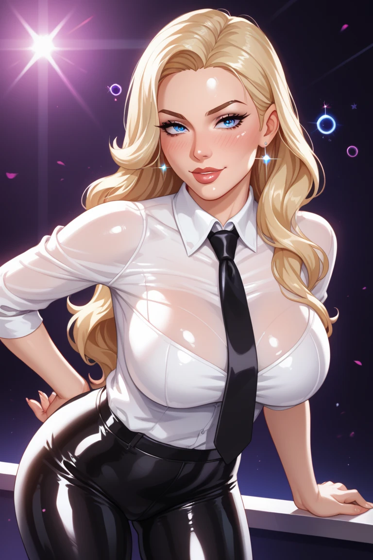 a photo of a stunning S031_AnnaLisaChristiane, in a (nightclub:1.3), wearing (shirt:1.3) and a (tie:1.3), (8k, RAW photo, best quality, ultra high res, photorealistic, masterpiece, ultra-detailed, Unreal Engine)