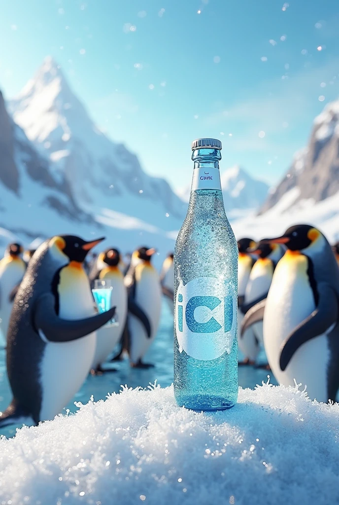 Picture of animal penguins drinking iced water, place the DRINK ICY brand in front of them