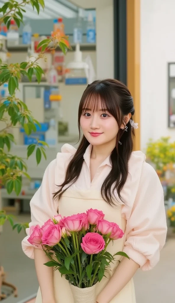 18 years old girl, smiling, The flower market sells flowers, streetview.,The décor is blue and white series