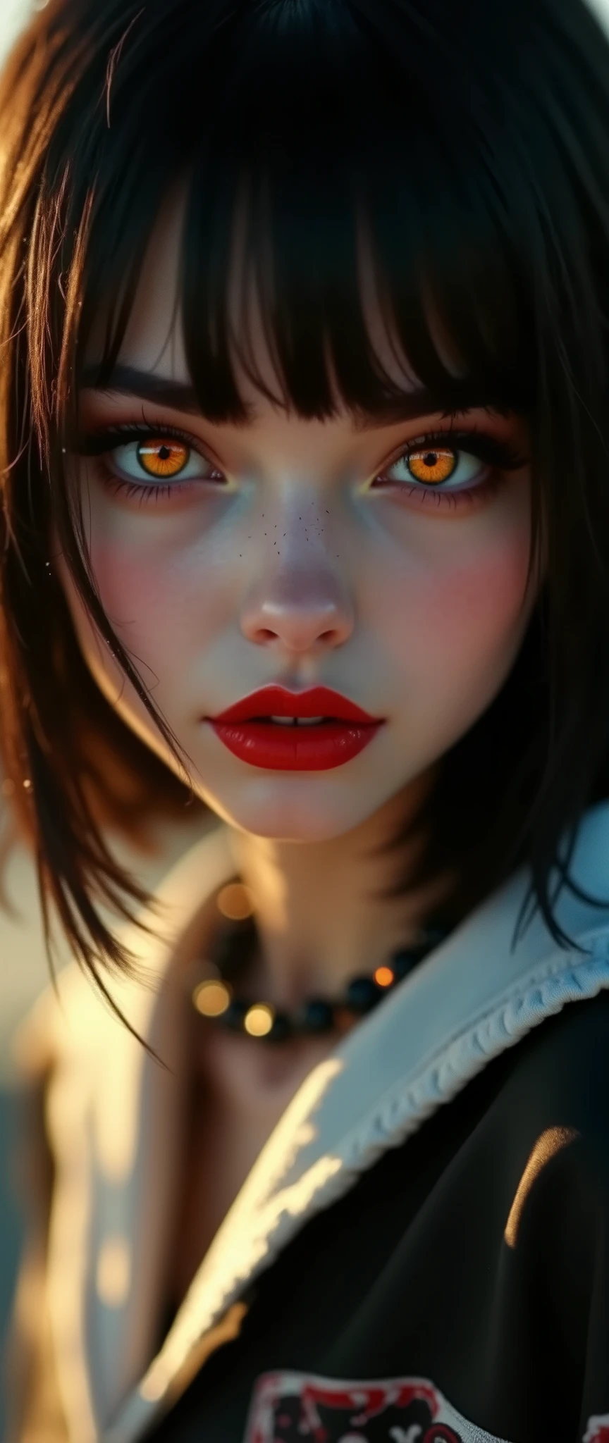 ((RAW photo), absurd, (absurdresolution)), (sexy), (tangerine-colored pupil, sharp pupil), ((realistic style)), ((slender, shapely girls)), (short hair, bangs) (Character with special powers or abilities) ((Collegiate attire or uniform)), Small details like accessories or marks on clothing, (Interest in Japanese culture, Mysterious personality), (looking at viewer), ((seductive, dangerous look), ((Midday, golden hour)), ((Photographic perspective)). «SunPuma S»