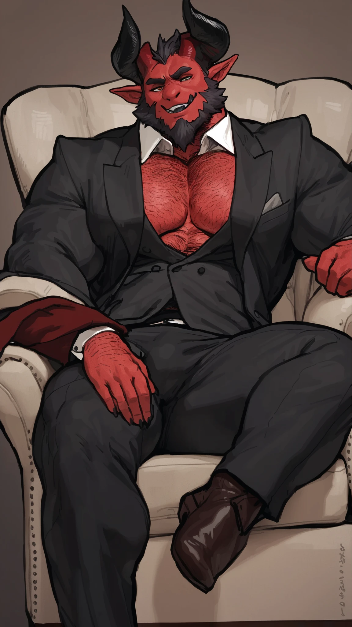 bara devil, full body, devil face, perfect anatomy, masterpiece, black large devil horns, thin beard, dynamic light, red skin, ((slumped in an armchair, bodybuilder, dominant, wearing a full elegant suit):1.1), hairy chest, wide shoulders, muscular neck, solo, great lighting, by bebebebe, by ZIXiong, by zackary911, by SligarTheTiger, by RED8EAN, white outline, very detailed face, solo, manager of a music band, music manager, detailed face expression, intense look, looking at the viewer, wearing a full elegant suit, bulge, 8K resolution very realistic detailed skin and facial features,8K resolution very realistic face,8K resolution very realistic face details,8K resolution very realistic hairy burly chest and arms,8K resolution Very realistic detailed hairy burly chest and arms,8K resolution very Realistic Hands details,8K resolution very realistic hands,8K resolution very realistic shoulders, 8K resolution very realistic lips details, 8K resolution very realistic lips, and 8K resolution very realistic mouth details, 8K resolution very realistic bellybutton, 8K resolution very realistic eyes, 8K resolution very realistic detailed eyes, 8K resolution very realistic huge pecs, 8K resolution very realistic belly, 8K resolution very realistic Beard, 8K resolution very realistic Body hair, 8K resolution very realistic real skin details,