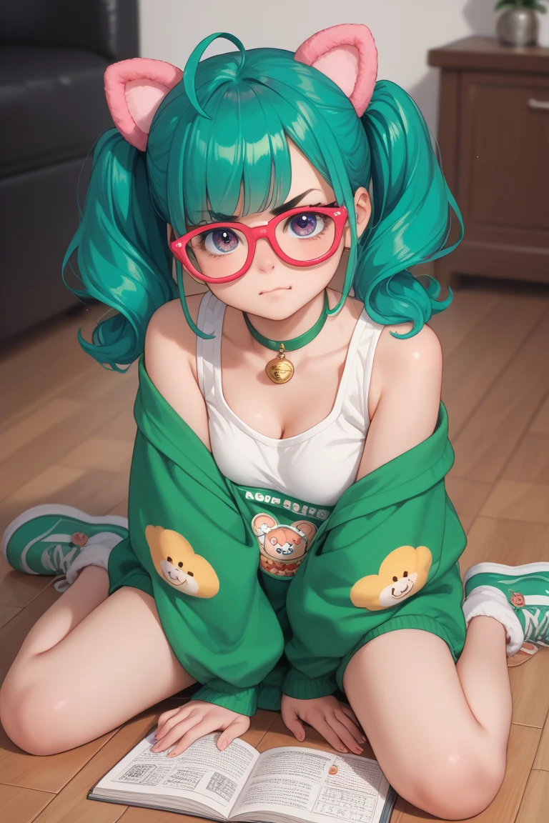 Messy Nerdy dyed yellow girl laying on a sofa in dim living room. She's wearing glasses, black tank top and black green tartan pajama pants, ponytail , big belly, saliva, hungry, playful, tummy, belly button. Tummy in the centre of the shot, plump girl