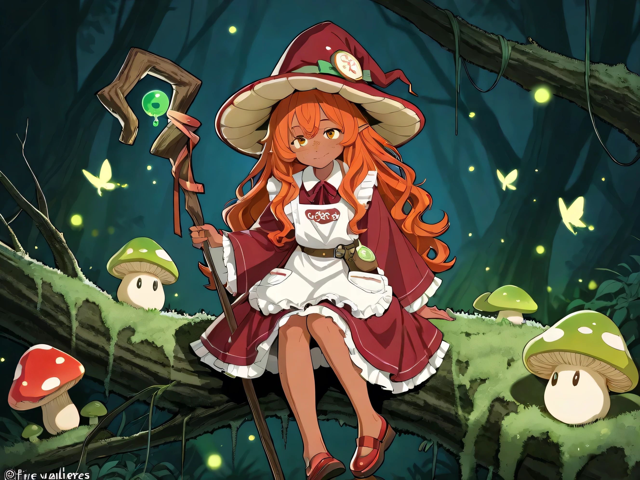 a witch with tanned dark skin covered with freckles. She has yellow whites of her eyes and scarlet irises. She has loose ginger red wavy hair, long to her feet. She wears a swampy green medieval witch's dress and an apron with two pockets. You're wearing a potion belt. There is a bag over her shoulder with medicinal herbs sticking out of it. She has pointy witch's shoes. She wears a fly Agaric hat on her head. In her hand she holds a staff in the shape of a tree branch overgrown with moss. she wanders in the mushroom grove where big mushroom-trees grow everywhere. fireflies are flying in the air.