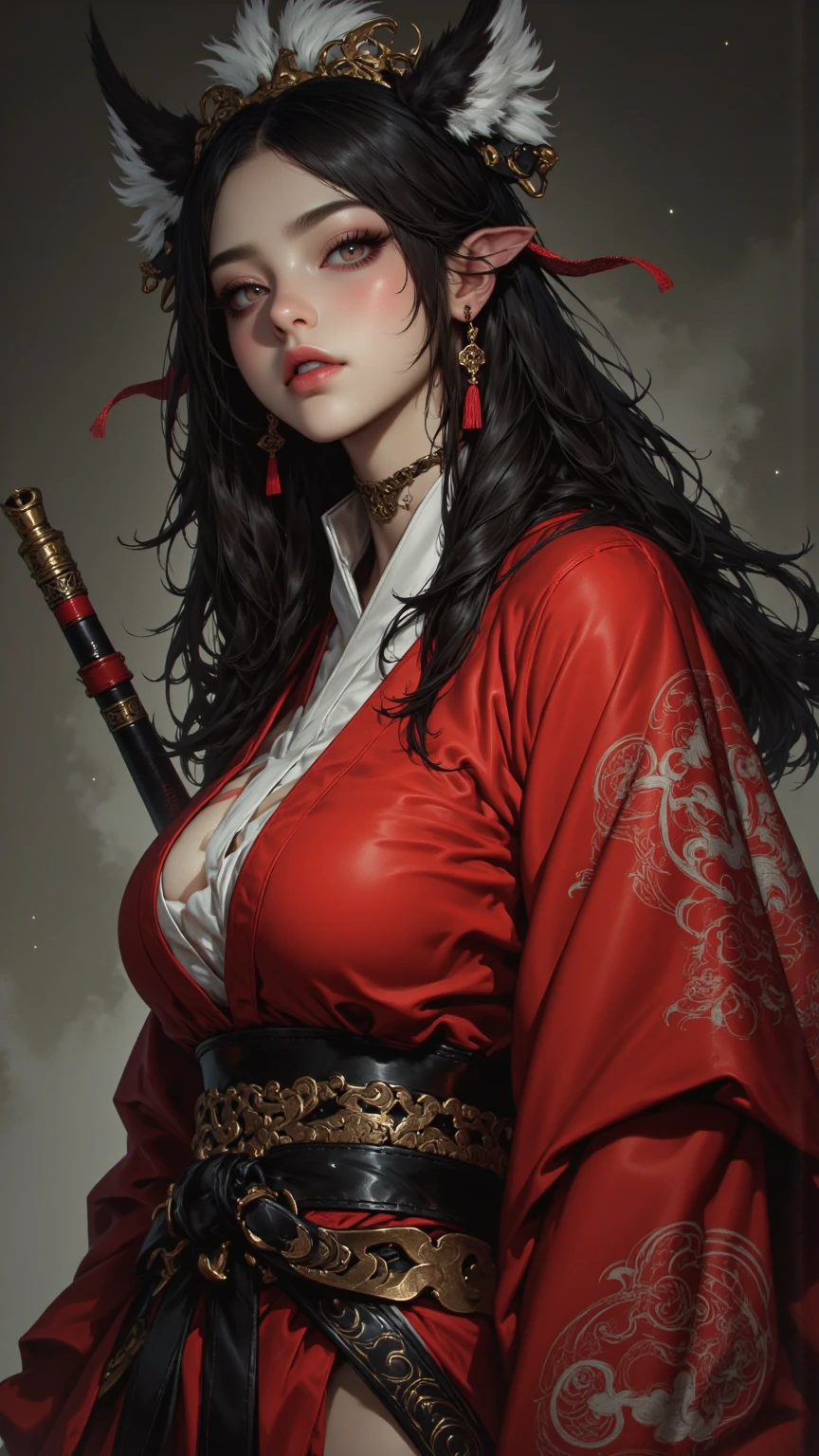 masterpiece, Best Quality, absurderes, Perfect Anatomy, Unity 8k Wallpapers,best anime,shoot from front,cowboy shot,20 year old beauty、boa hancock,black hair,long hair, ,slender body,large breasts,Turn your body to the viewer、waitress,Japanese clothing、hakama、holding a Japanese sword、A Japanese sword drawn with precision and accuracy、Ready to fight with a sword、outdoor、wilderness、