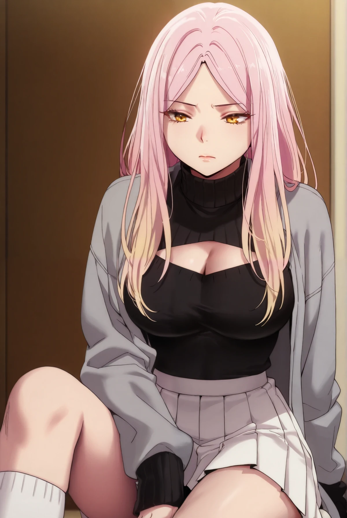 Masterpiece, best quality, source_anime, anime screencap, anime coloring, anime screencap, 1girl, solo,kim ran, pink hair, long hair, blonde hair, gradient hair, yellow eyes, parted bangs
grey jacket, sleeves past wrists, black sweater, turtleneck sweater, cleavage cutout, white skirt, pleated skirt, miniskirt, kneehighs, white socks
