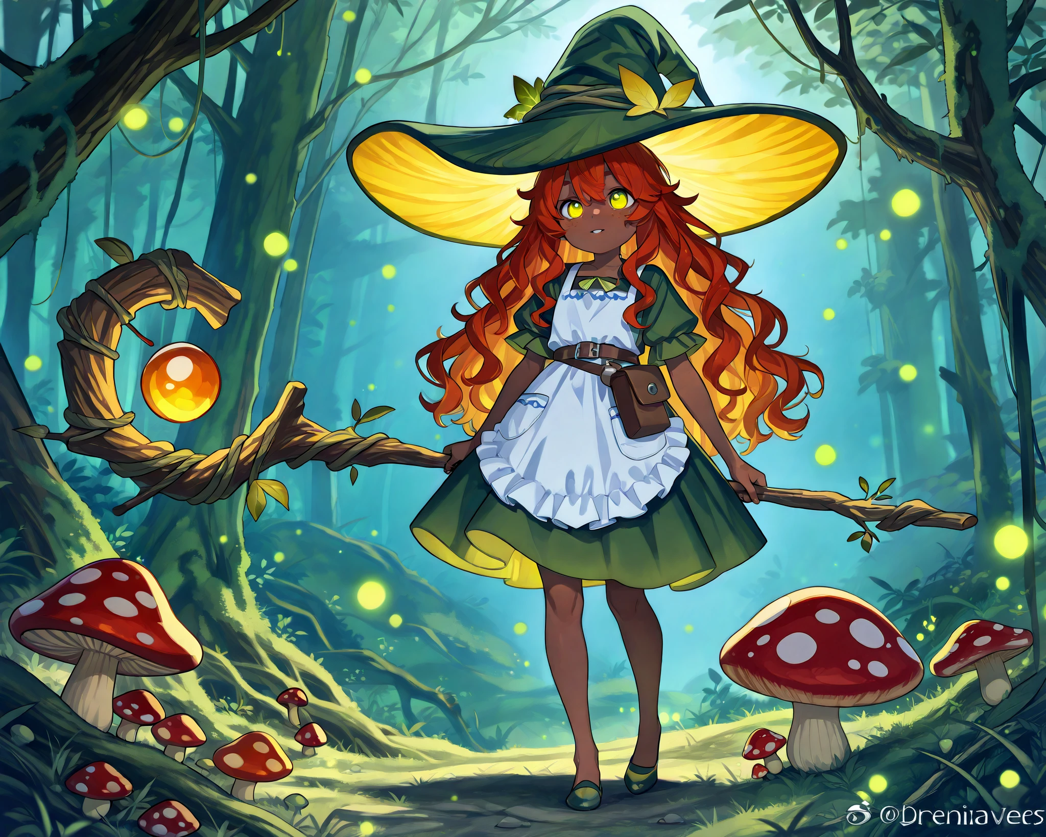 a witch with tanned dark skin covered with freckles. She has yellow whites of her eyes and scarlet irises. She has loose ginger red wavy hair, long to her feet. She wears a swampy green medieval witch's dress and an apron with two pockets. You're wearing a potion belt. There is a bag over her shoulder with medicinal herbs sticking out of it. She has pointy witch's shoes. She wears a fly Agaric hat on her head. In her hand she holds a staff in the shape of a tree branch overgrown with moss. she slowly walking in the mushroom grove where big mushroom-trees grow everywhere. fireflies are flying in the air.