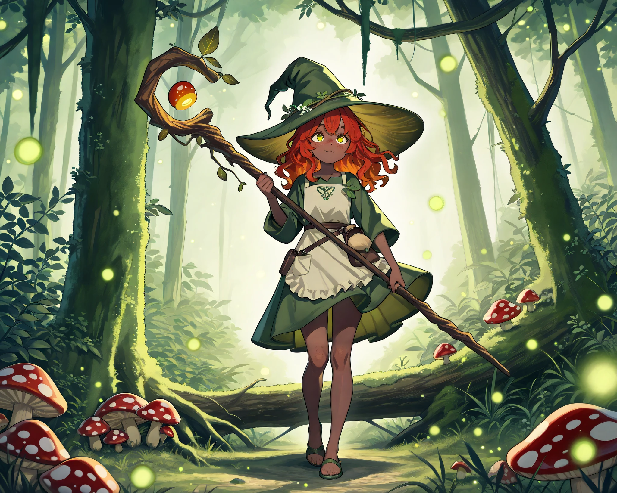  a witch with tanned dark skin covered with freckles. She has yellow whites of her eyes and scarlet irises. She has loose ginger red wavy hair, long to her feet. She wears a swampy green medieval witch's dress and an apron with two pockets. You're wearing a potion belt. There is a bag over her shoulder with medicinal herbs sticking out of it. She has pointy witch's shoes. She wears a  fly Agaric hat on her head. In her hand she holds a staff in the shape of a tree branch overgrown with moss. she slowly walking in the mushroom grove  where big mushroom-trees grow everywhere. fireflies are flying in the air. 