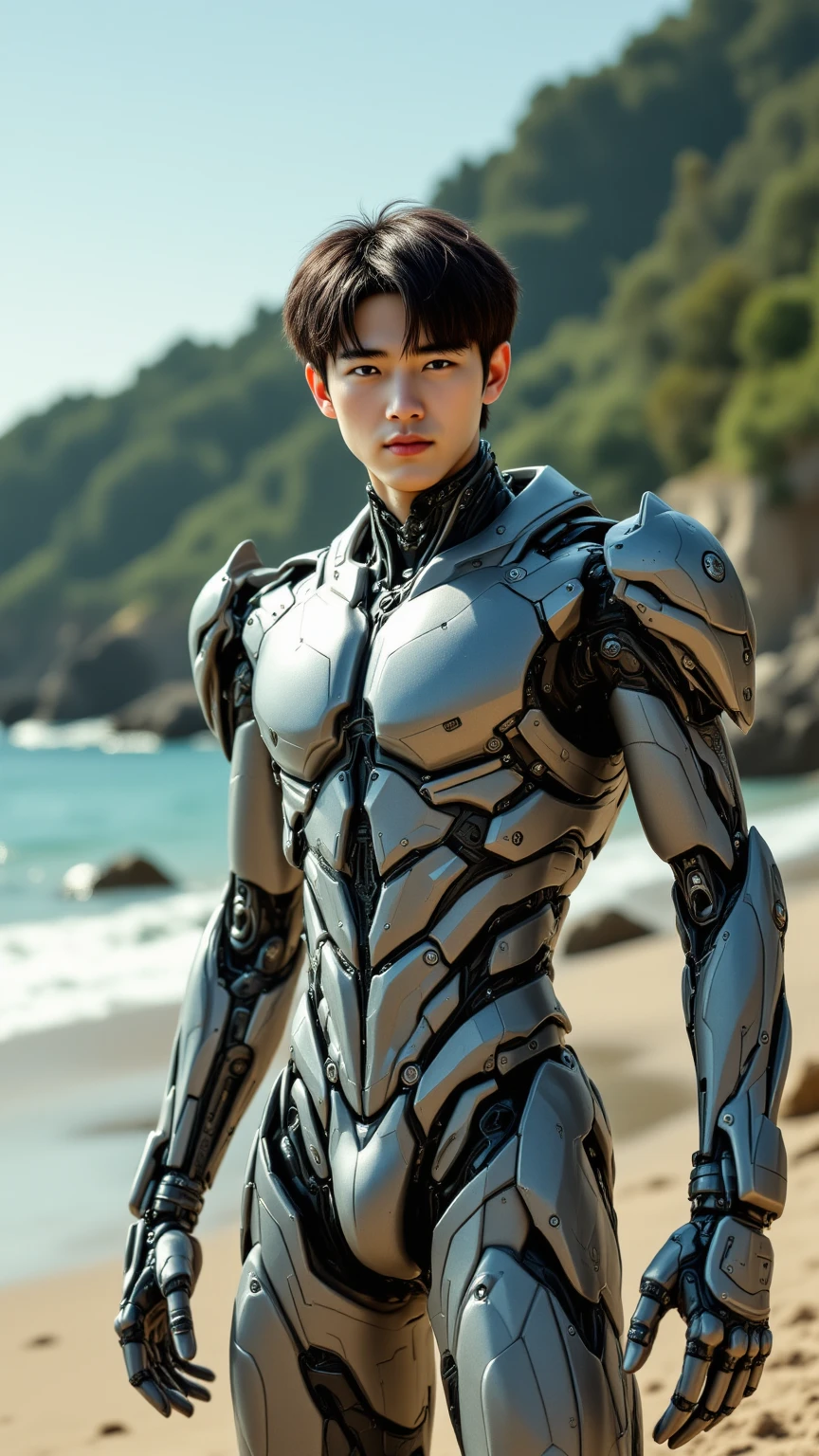 Realistic photography of a korean idol boy, 22 ages , wearing a ice magic armor, thin necklace, (huge pecs), at ice ages strom,run cool