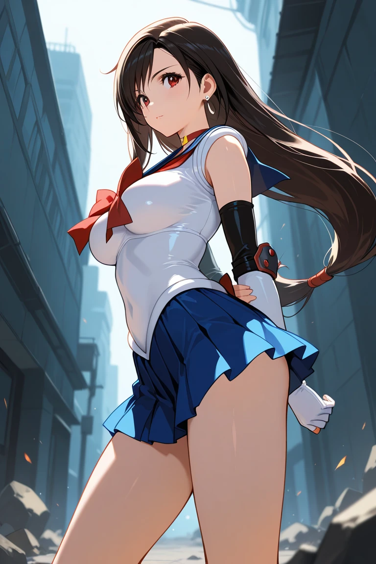 an unparalleled masterpiece, 8k, (high quality:1.2) perfect artwork, outdoors, 1 girl, Kanu Uncho, fingerless gloves, serafuku, abdomen, loose socks, pleated skirt, yellow neckerchief, earrings, loafers, long hair tied low, hair above one eye,  clean, beautiful face, pure face, white skin, shiny hair, (inner hair coloring:1.103), (hair details:1.08), (long eyelashes:1.1), Braid, (Beautifully detailed eyes and face), (very detailed:1.05), stunning lighting effects, fighting pose,