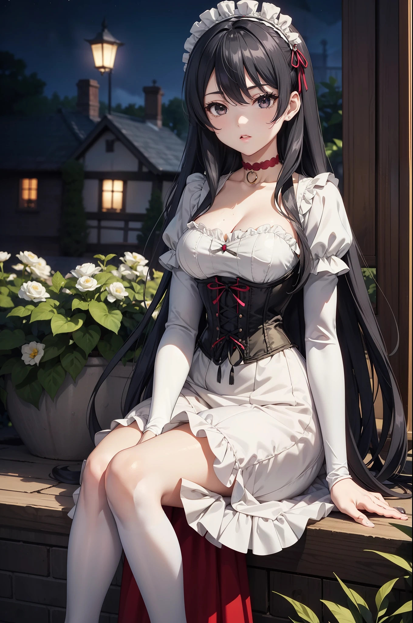 masterpiece, anime style, A young girl, of foot, ( seen from the front ). pretty face, beautiful lips, tender look, long black hair, detailed eyes, black eyes, choker : 1.6, ((Victorian style dress in red and white)), corset, (long skirt), self-critical , greenish garden, at night