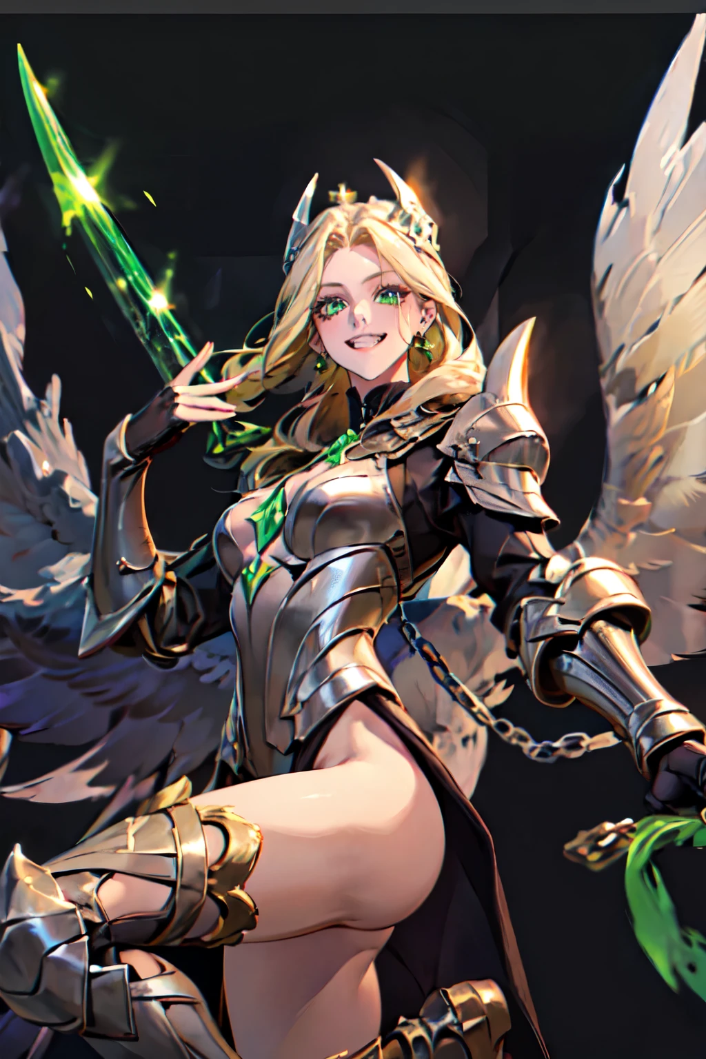 (masterpiece, best quality:1.2), 1girl, solo , emel , black wings , very long hair , green eyes , blonde hair , green crystal on chest , black armor , , earrings , , , blurry background , , fangs , , black feathers , abyss , , yellow hair , laughing , open mouth , taunting , , smirk , grin , , taunting , chain , HOLDING SWORD , from below , hand pose , pointing , messy hair , thigh , full body , from side