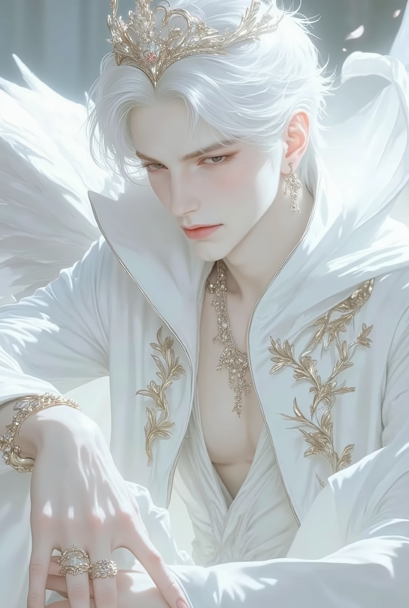 (8k, RAW photo, best quality, erotic, homoerotic, looking at viewer, face, eyes:1.5), (1boy, slender androgynous male, queer, depraved sissy villain, masculine crotch, claws, white swan:1.65)