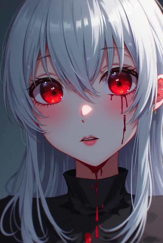  White haired girl Red eyes. 
Her face marked with two scars, one on her eyes and the other on her lip. Dressed in anime style jojo, cold look would be Ni hero academia 
