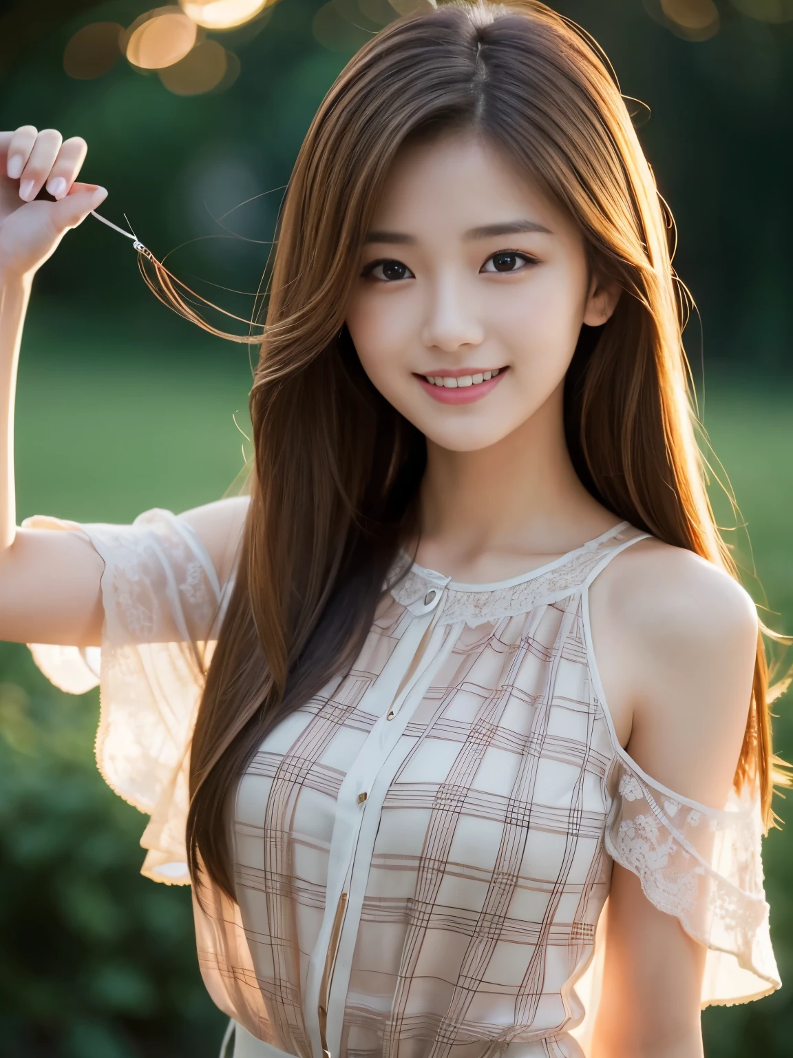 Arafed asian woman with long brown hair and a white blouse - SeaArt AI