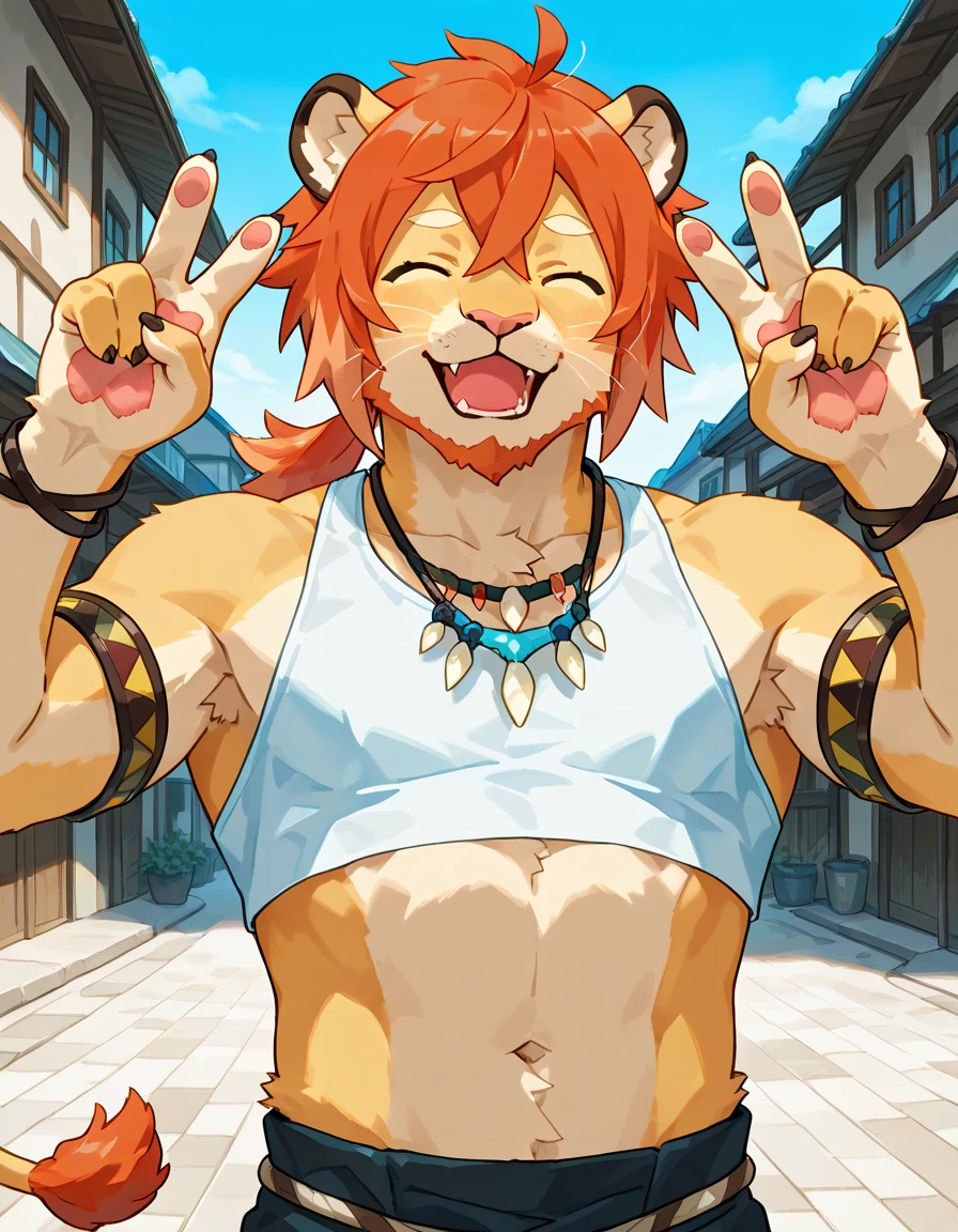 (masterpiece),(best quality),cat boy,orange fur,bending the body,jumping,nervous,shy,kemoshota,by nekowuwu,by ffjjfjci,swimsuit,pink panties,chest,breast,tongue out,upper naked,