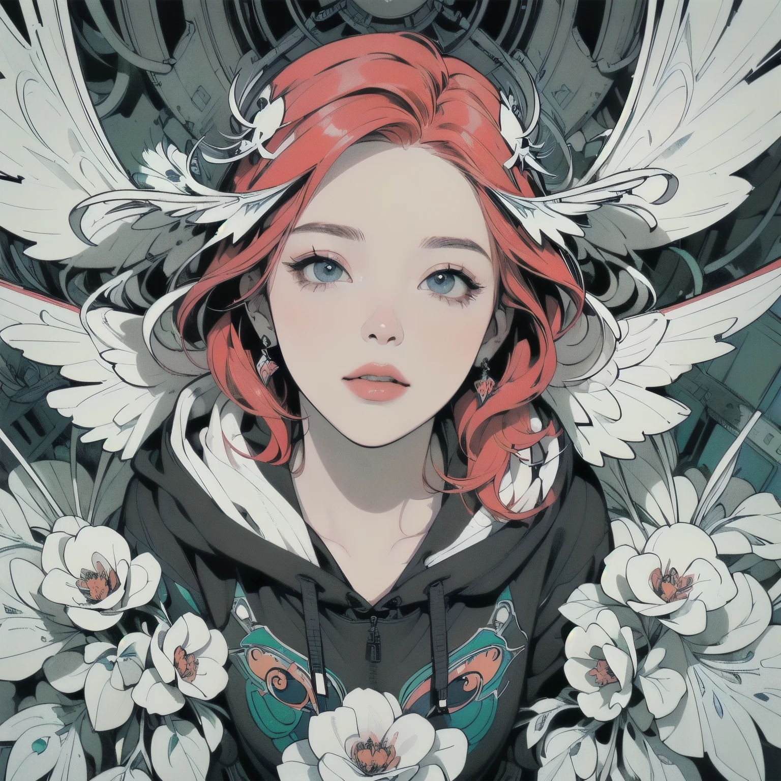 ((((masterpiece, top quality))), ((((32K wallpaper))), mechanical wings, perfect face, detailed hair, headshot, lots of white flowers, gorgeous light leaks, reaper, (((( detailed and complex futuristic mechanical wings)))), ((((beautiful perfect face)))), detailed shadow, (((BLACK and white hooded solid color Hoodie )))) mechanical wings), ((beautiful perfect face)), ((plain hoodie with BLACK and white hood)), detailed shadow, (((shadow))), (((view from directly above))), looking up、smile、(((Peacock Feather)))、(((pale red hair color)))