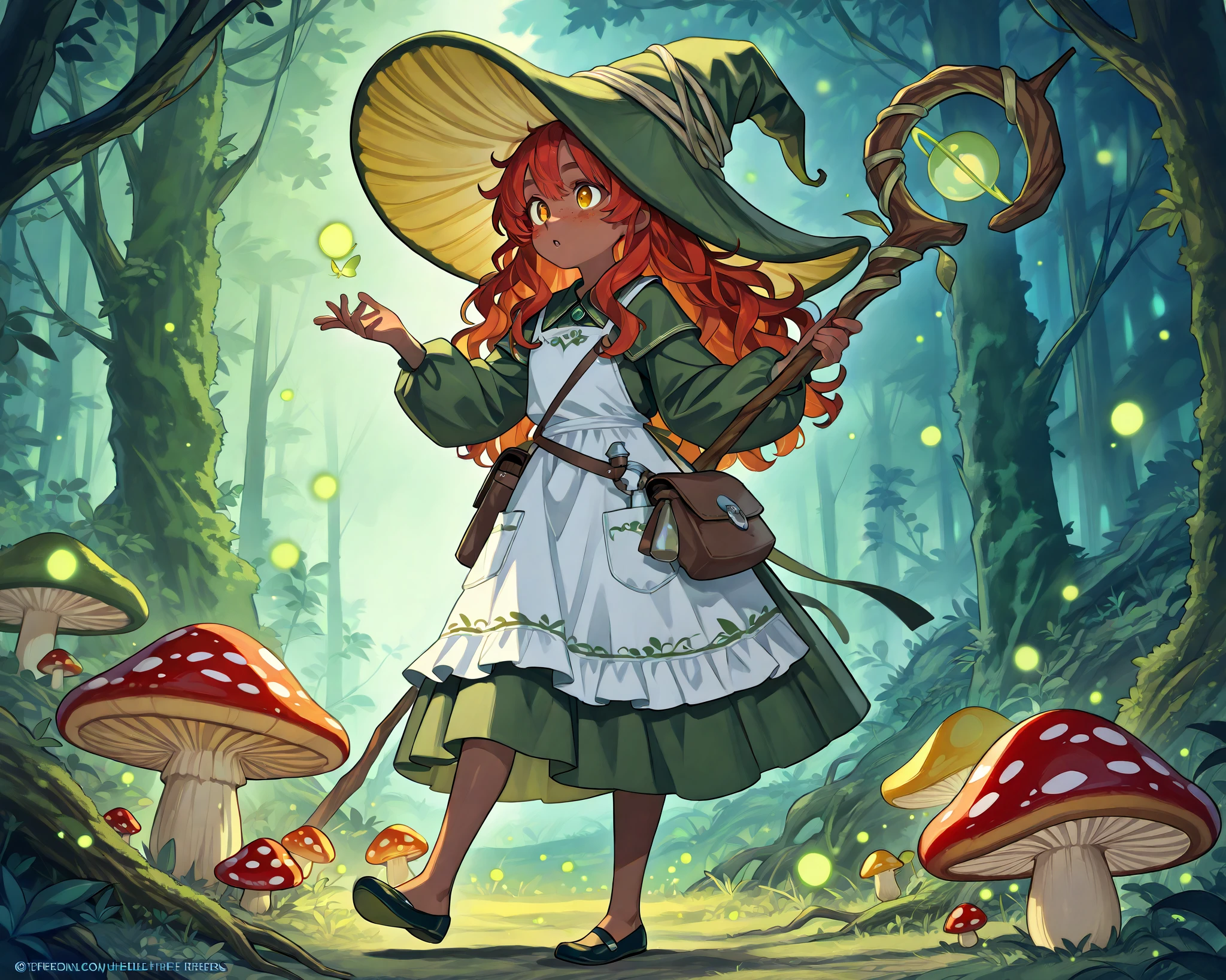 a witch with tanned dark skin covered with freckles. She has yellow whites of her eyes and scarlet irises. She has loose ginger red wavy hair, long to her feet. She wears a swampy green medieval witch's dress and an apron with two pockets. You're wearing a potion belt. There is a bag over her shoulder with medicinal herbs sticking out of it. She has pointy witch's shoes. She wears a fly Agaric hat on her head. In her hand she holds a staff in the shape of a tree branch overgrown with moss. she slowly walking in the mushroom grove where big mushroom-trees grow everywhere. fireflies are flying in the air.
