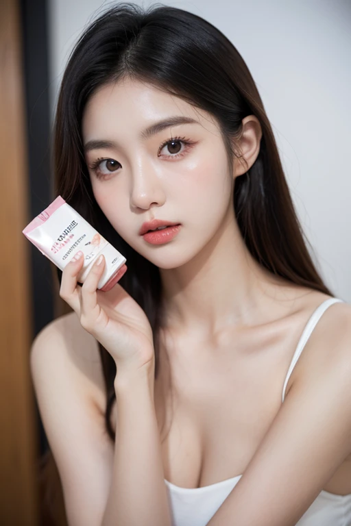 korean girl, very beautiful face, (photo realistic:1.4),(masterpiece, 4K, best quality, ultra detailed),studio shoot,pictorial,photography,realistic eyes, Ultra-Detailed Face, Detailed Lips, normal hand, glossy lips, glossy face, simple background