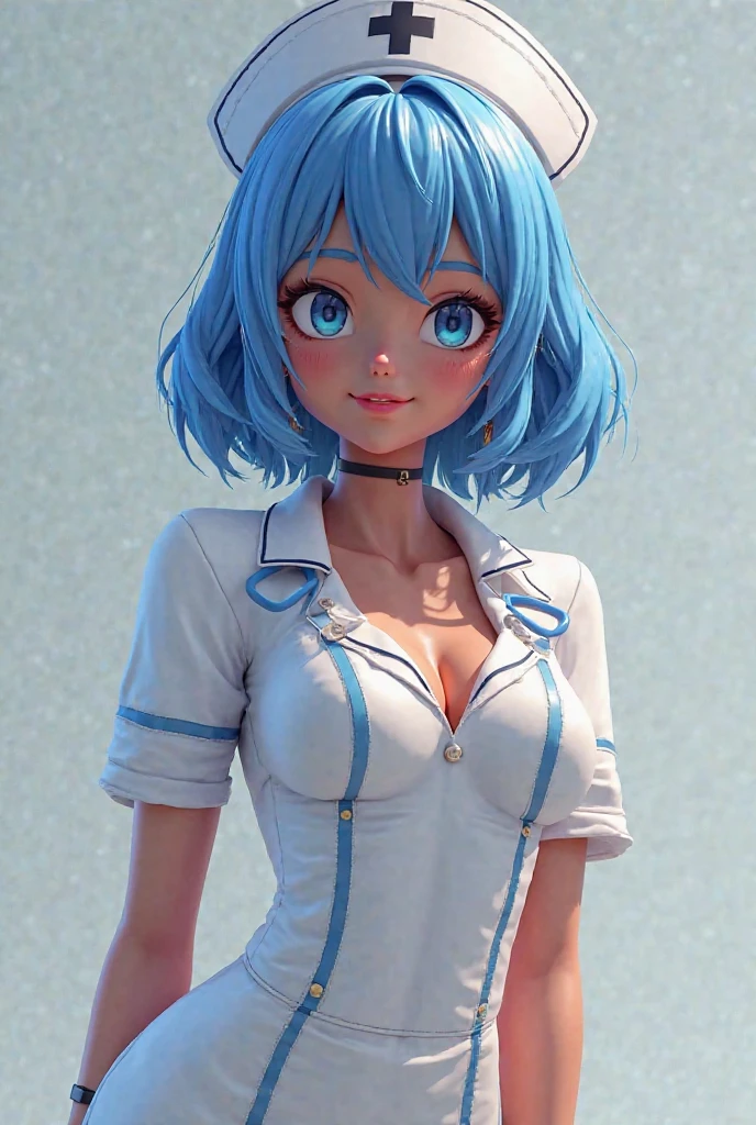 A girl with short blue hair and monumentally large breasts in a sexy police suit showing her white bra about to burst