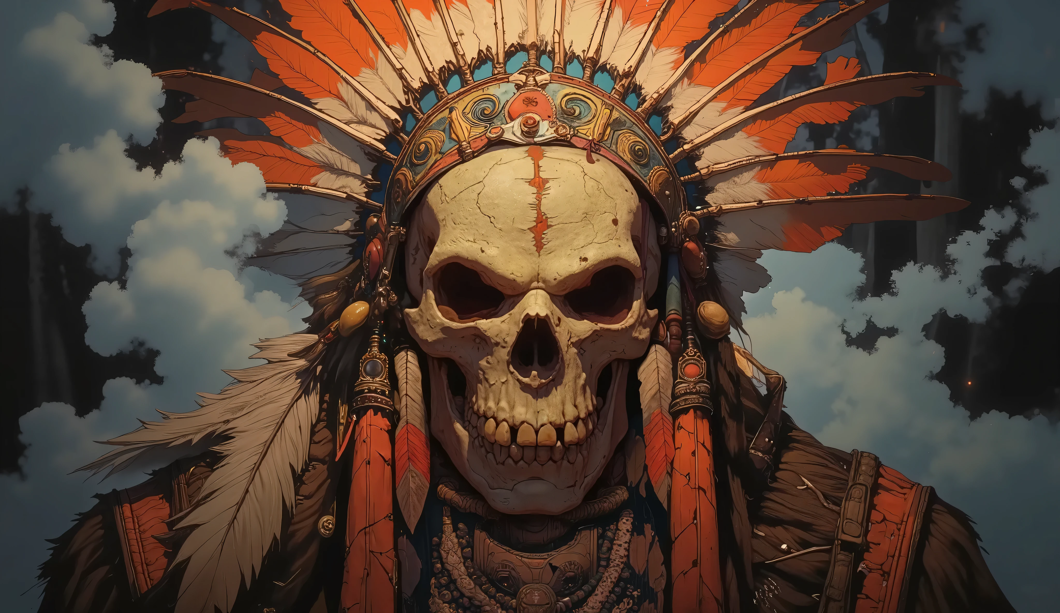 A fierce and weathered Mohawk warrior skull, perfectly centered in the composition, staring forward with hollow, haunting eye sockets. The skull bears small cracks and fissures, signs of age and countless battles, giving it an ancient and mystical aura. It is adorned with an intricate Mohawk headdress, its majestic feathers detailed with tribal markings, slightly ruffled as if moved by a spectral wind. Detailed necklace with small bones and beads pending from his neck. The atmosphere is shrouded in swirling fiery mist and ethereal red smoke, creating a mysterious and spiritual presence. The background consists of a dark, shadowy forest barely visible through the dense fog. The lighting is dramatic, with fiery hues of red, orange, and yellow casting an intense glow on the scene, contrasted by deep black shadows that enhance the skull’s eerie, powerful presence. Rendered in the legendary, hyper-detailed style of Frank Frazetta, with bold contrasts, rich textures, and a cinematic fantasy aesthetic. The composition is dynamic and dramatic, emphasizing the raw energy and spirit of the warrior even in death. E pic fantasy art, dark fantasy, hyper-realistic details, dramatic lighting, mystical fog, ultra-detailed feathers and tomahawks, cracked skull, aged bone texture, rich textures, cinematic composition, Frank Frazetta style –ar 16:9 –v