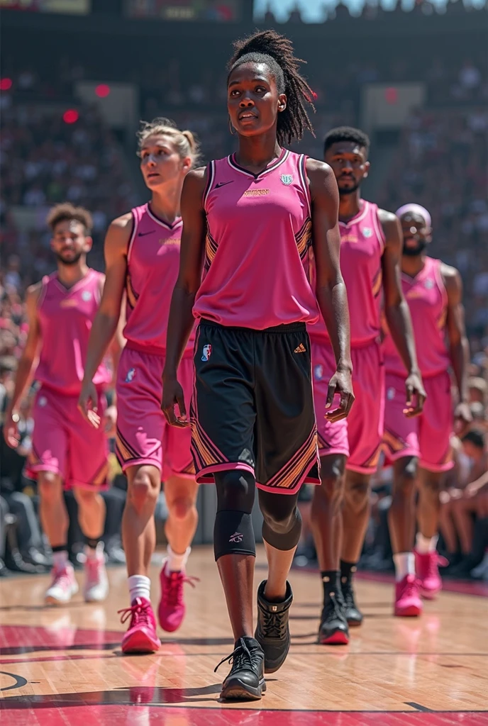 photorealism Create an 8k image of a women's basketball team wearing short, sexy uniforms in black and red. The team should represent a variety of ethnicities and be positioned on a basketball court.