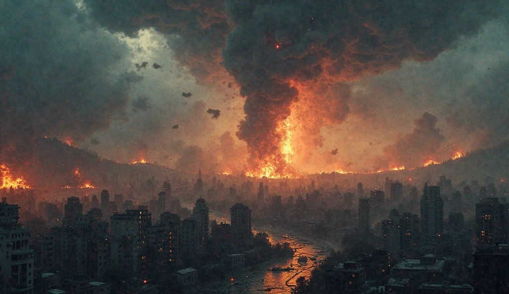 City completely destroyed and annihilated,  full of debris and with many columns of black smoke rising and fire, grandes nuvens negras com tom vermelho de fogo, apocalyptic scenery, Dia do Julgamento, biblical painting, apocalipse, epic biblical representation, Lightning cutting through the sky, Apocalyptic Stormy Sky, chuva de meteoros, chuva de fogo, Terremotos, Wrecked City, City in total ruins, black sky, Dark and red sky