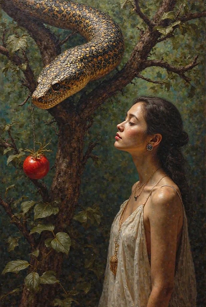 a woman (EVA) eating a Apple, with a Snake in the background im Paradies 
