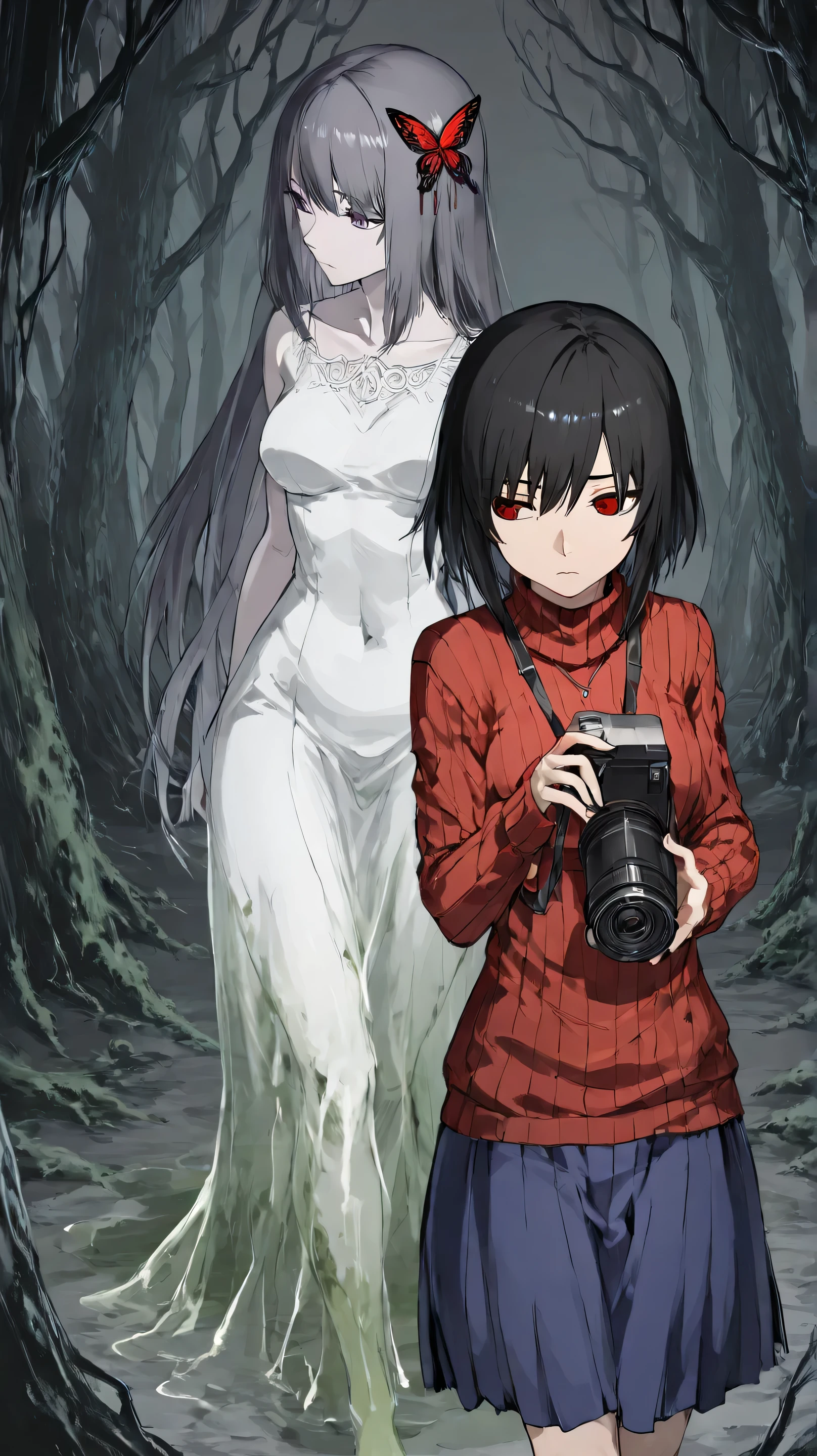 Mio and Mayu Amakura, protagonists of Fatal Frame II: Crimson Butterfly, walking through a dark and mysterious forest in the lost town of Minakami. Mio wears a red sweater and a blue skirt, holding a camera obscura, while Mayu,  wearing a white dress,  walks by his side , looking back with a expression of fear. The forest is shrouded in thick fog, with tall trees and torii (sacred doors) covered in moss. Translucent ghosts of women in broken kimonos and theater masks float in the background. Dark and dramatic anime style, With cold colors (blues, gray and purple ), faint lighting and deep shadows.  ultra sharp details , stylized anime character traits, and an atmosphere of psychological terror.”