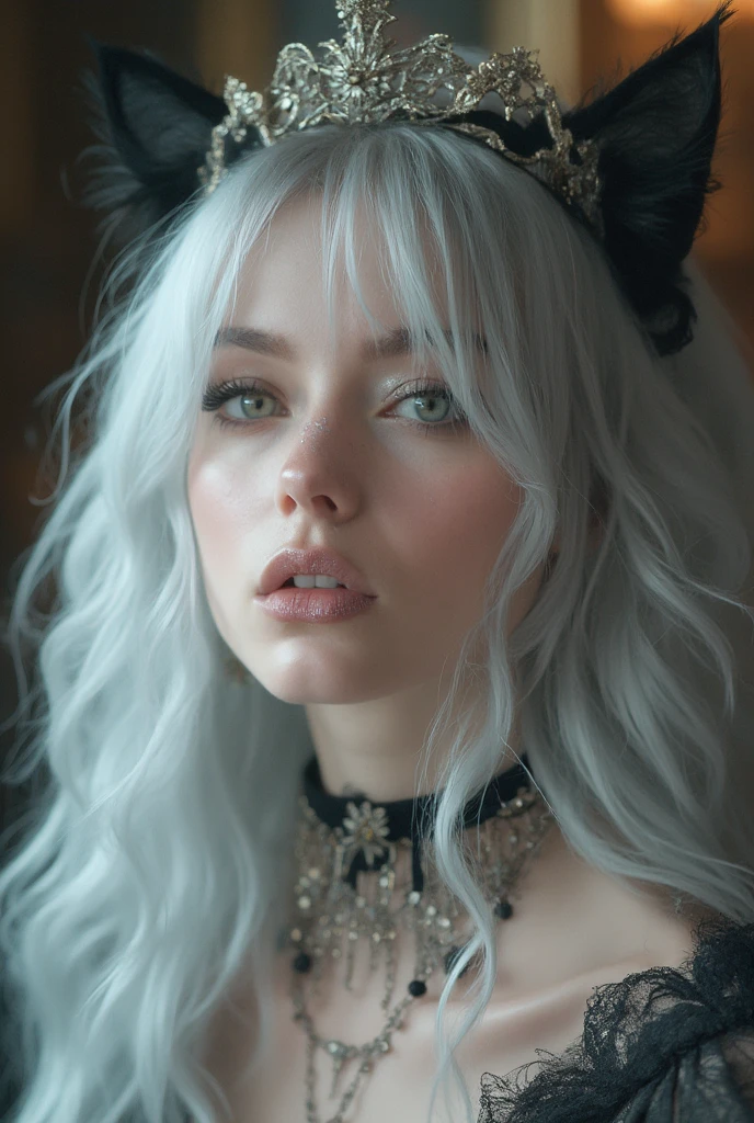 milf, blonde, souriante, naughty, devil eyes, silver hair, lolita hairband, butterfly hair ornament, Realism, silhouette, interior architecture, anatomically correct, textured skin, retina