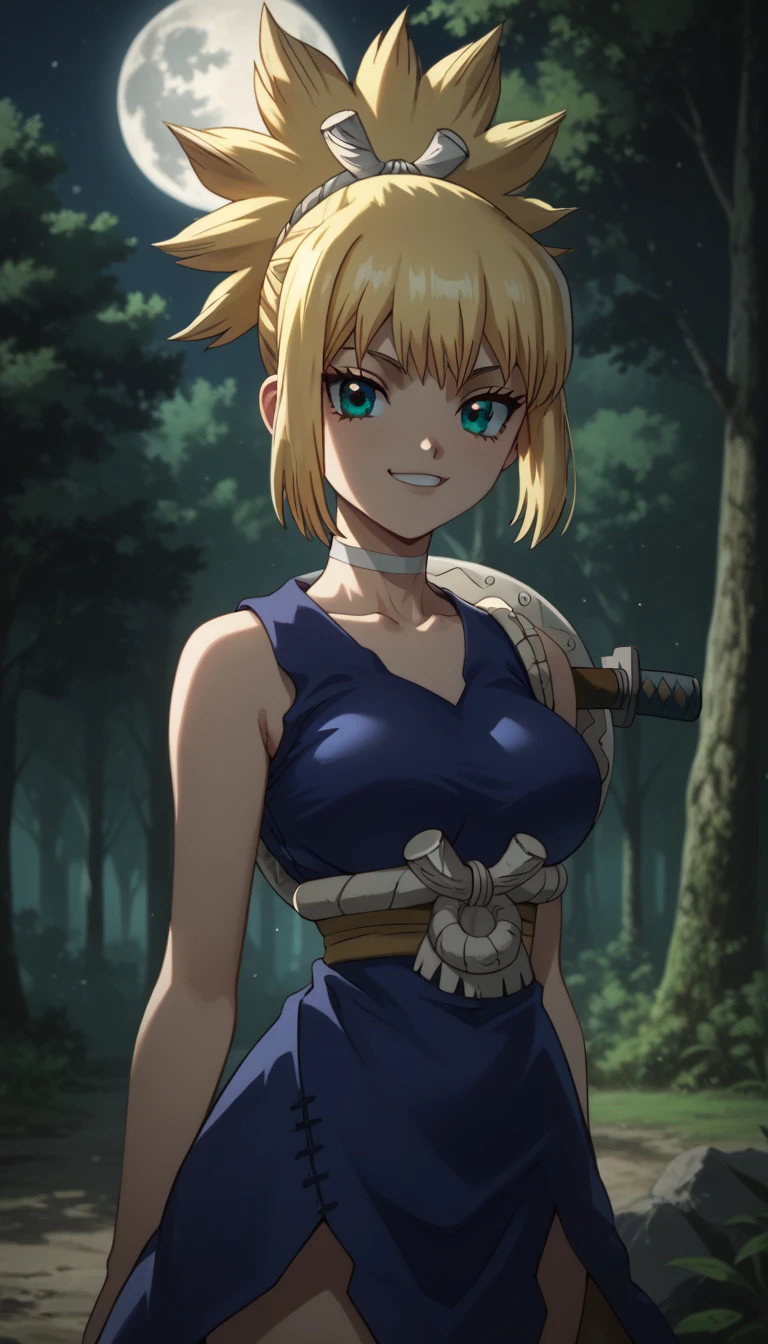Give your images flat even illumination (negative) or dramatic chiaroscuro lighting (positive),Forest, nights, moon, 1 smile,looking at viewer, cowboy shot, 1girl, kohaku \(dr. stone\), blonde hair, ponytail, choker, green blue eyes, kohakudress, blue dress, BREAK contrapposto, looking, 