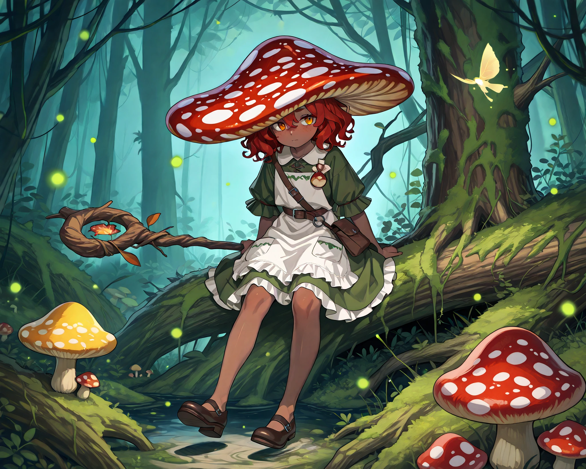 a witch with tanned dark skin covered with freckles. She has yellow/red eyes. She has loose ginger red wavy hair, long to her feet. She wears a swampy green medieval witch's dress and an apron with two pockets. You're wearing a potion belt. There is a bag over her shoulder with medicinal herbs sticking out of it. She has pointy witch's shoes. She wears a red fly Agaric (mushroom) hat on her head. In her hand she holds a staff in the shape of a tree branch overgrown with moss. she slowly walking in the mushroom grove  where big mushroom-trees grow everywhere around blooming swamp, fireflies are flying in the air. 