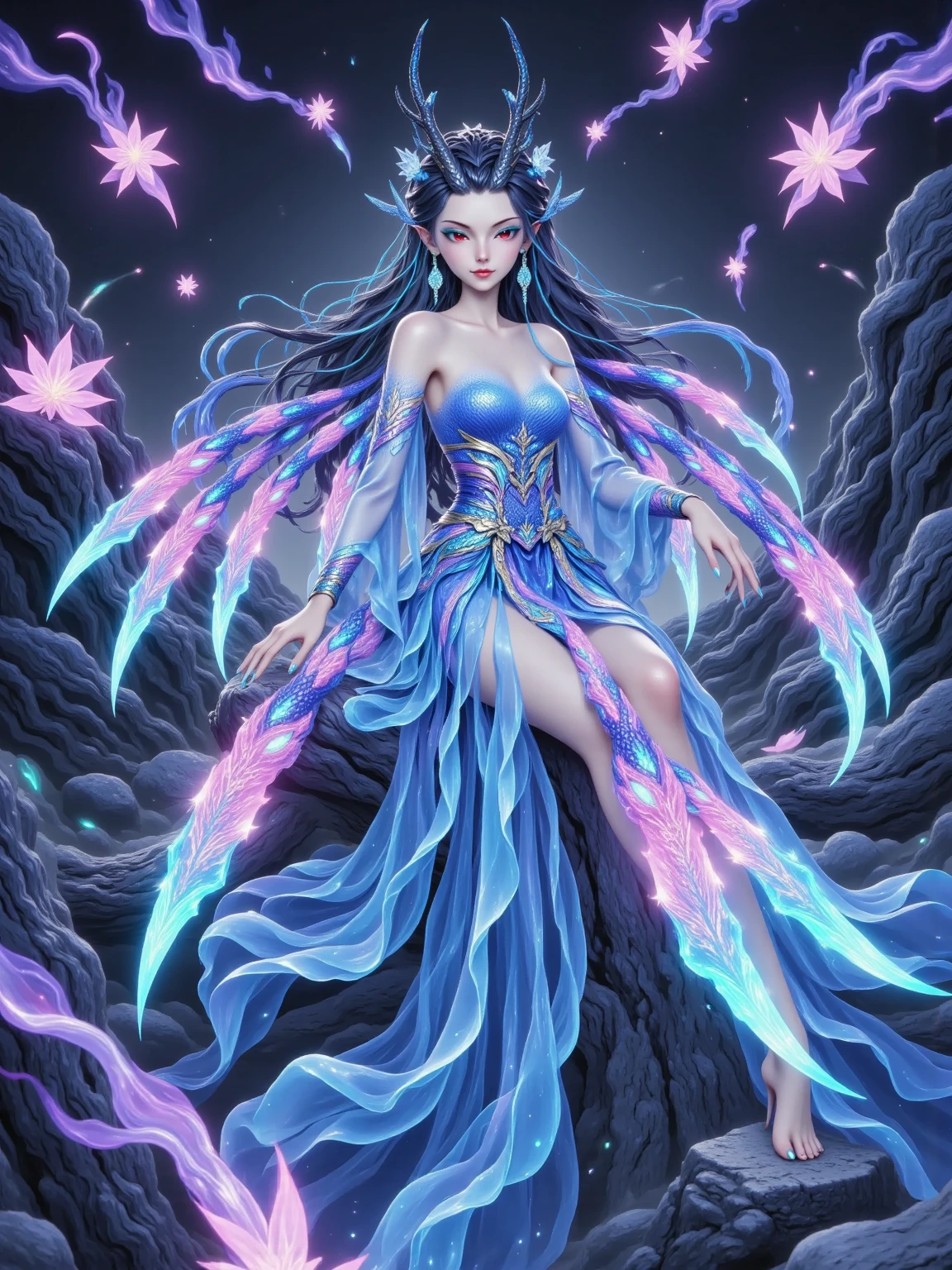 crystal dragon god，(Made of rainbow crystal)，bioluminiscent creature,(peach blossom),(On delicate branches)、intricate artwork . Rendering with Octane, Trending at Art Station,T-symmetrical artwork. night,starry sky,starlight, cinematic, ultra realistic realism, high detail, Rendering with Octane, 32K, Bright colors, broken glass effect, no background, amazing, What doesn't exist, wonderful existence, energy, molecular, textured, Iridescent colors and emission scales, pure perfection, divine being, Unforgettable, impressive, volume light, There is a cleavage, light, Bright colorsの反射