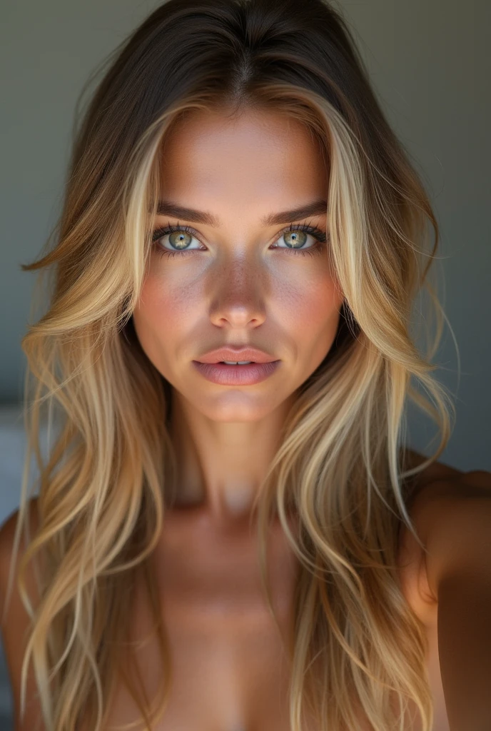 arafed woman fully , sexy girl with green eyes, ultra realistic, meticulously detailed, portrait sophie mudd, blonde hair and large eyes, selfie of a young woman, bedroom eyes, violet myers, without makeup, natural makeup, looking directly at the camera, face with artgram, subtle makeup, stunning full body shot kneeling on bed, in bedroom, medium to large size bust