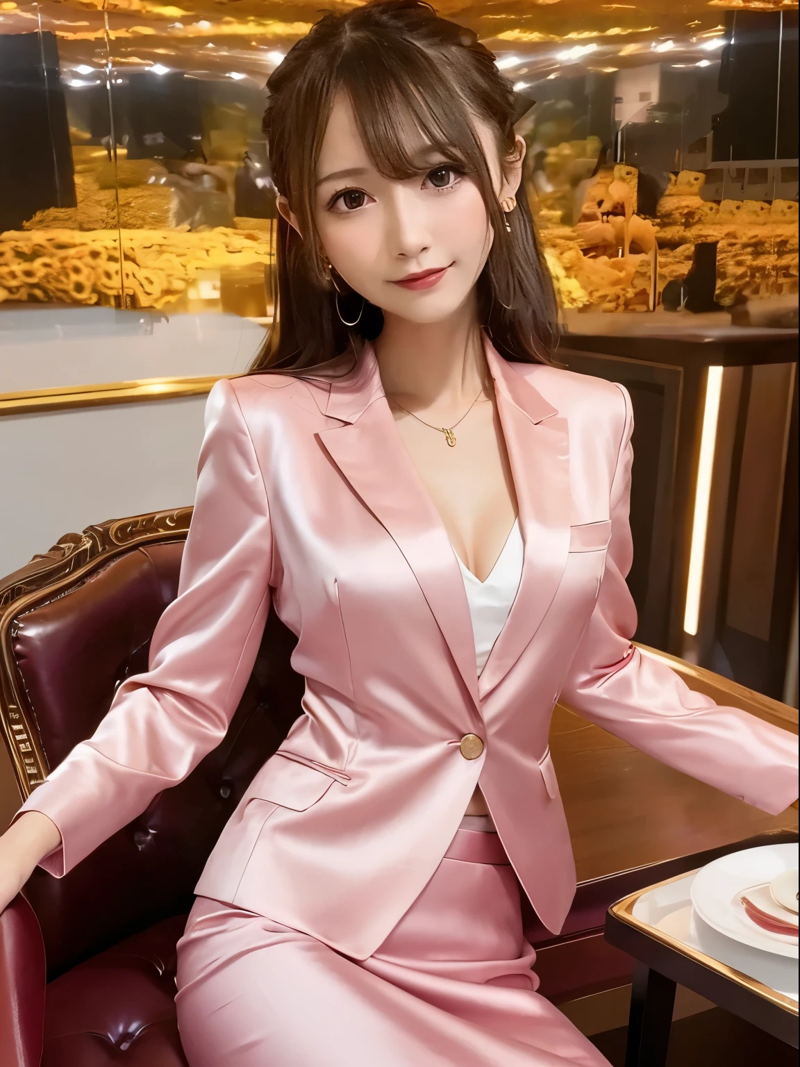 Full body of beautiful korean female, 34 inch breasts size, Height 172 cm, wearing pink suit, and short skirt, in luxury jewelry shop, bokeh background, UHD