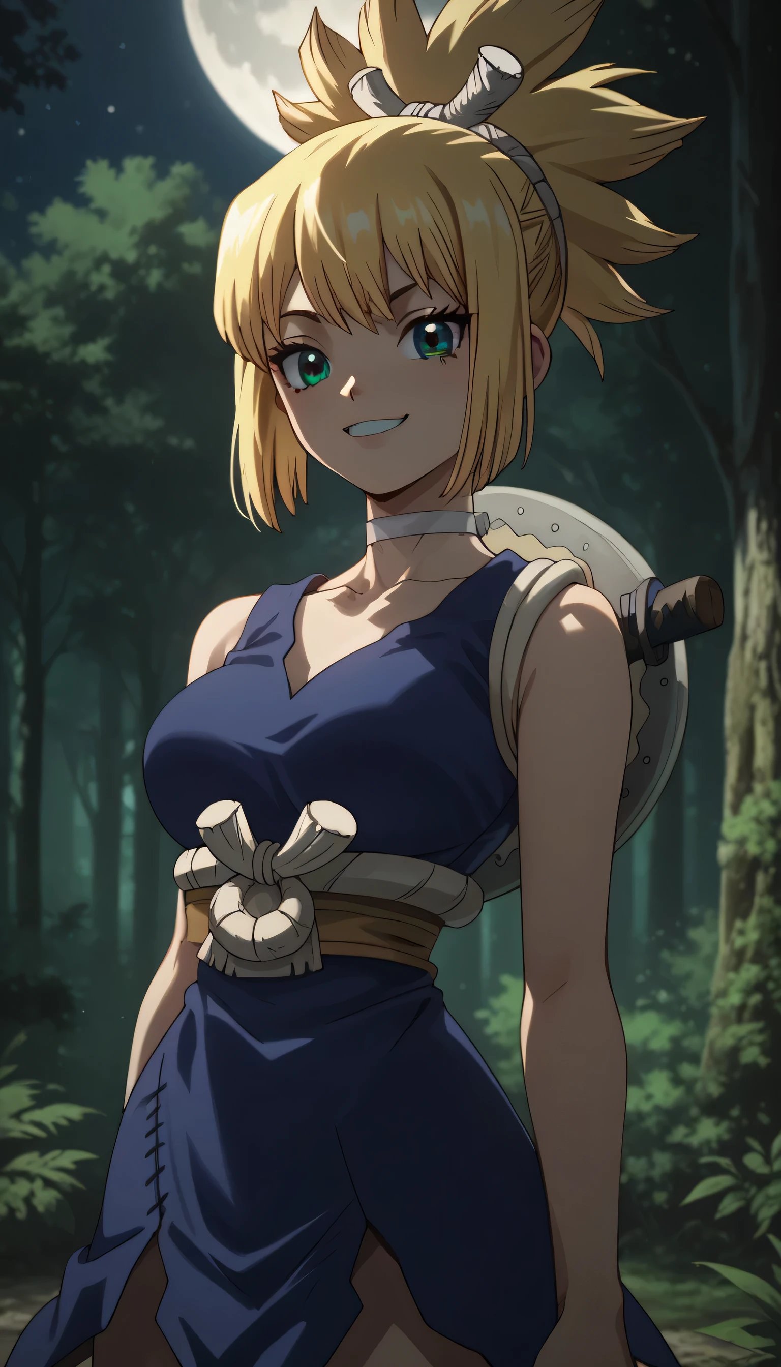 Give your images flat even illumination (negative) or dramatic chiaroscuro lighting (positive),Forest, nights, moon, 1 smile,looking at viewer, cowboy shot, 1girl, kohaku \(dr. stone\), blonde hair, ponytail, choker, green blue eyes, kohakudress, blue dress, BREAK contrapposto, looking, 