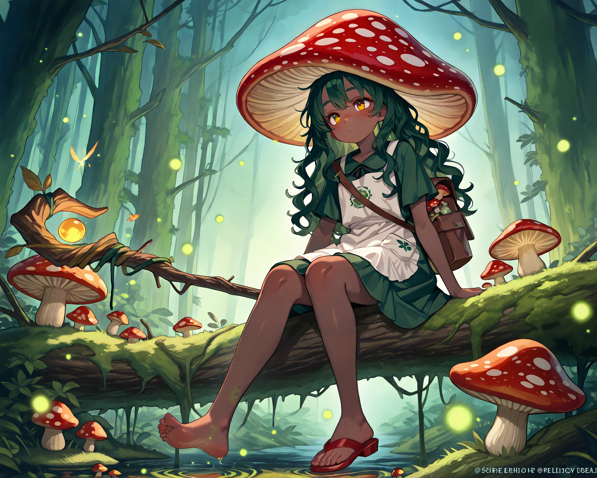 a witch with tanned dark skin covered with freckles. She has yellow/red eyes. She has loose ginger red wavy hair, long to her feet. She wears a swampy green medieval witch's dress and an apron with two pockets. You're wearing a potion belt. There is a bag over her shoulder with medicinal herbs sticking out of it. She has pointy witch's shoes. She wears a red fly Agaric (mushroom) hat on her head. In her hand she holds a staff in the shape of a tree branch overgrown with moss. she slowly walking in the mushroom grove where big mushroom-trees grow everywhere around blooming swamp, fireflies are flying in the air.