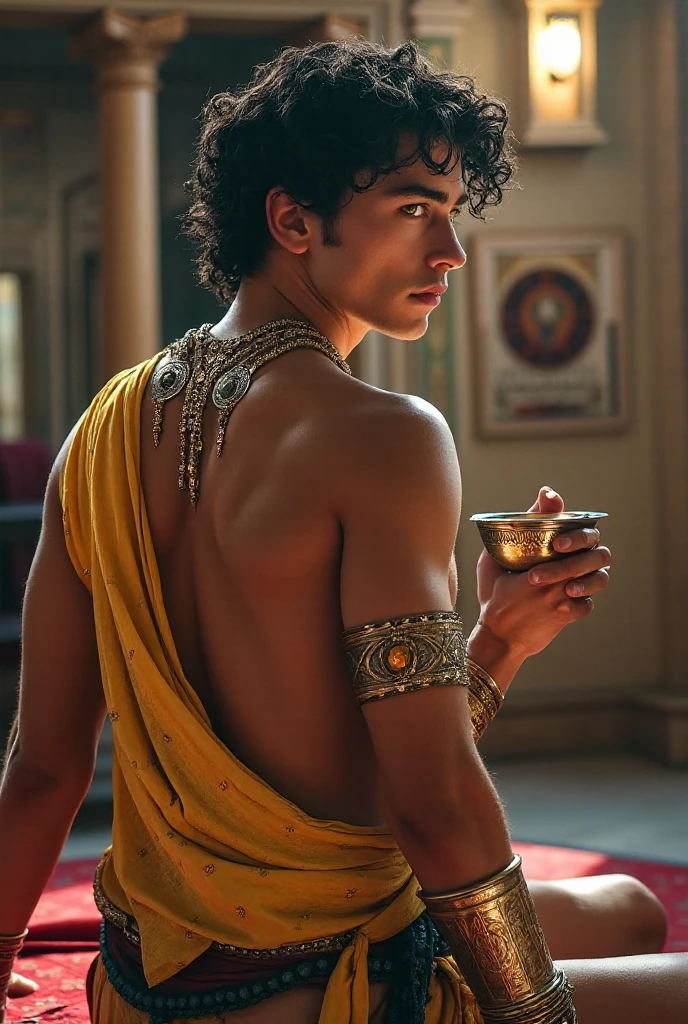 When he walked in the market in ancient times he wore jewelry on his arms and head and walked proudly and the people around him looked scared and looked at him because he wore yellow