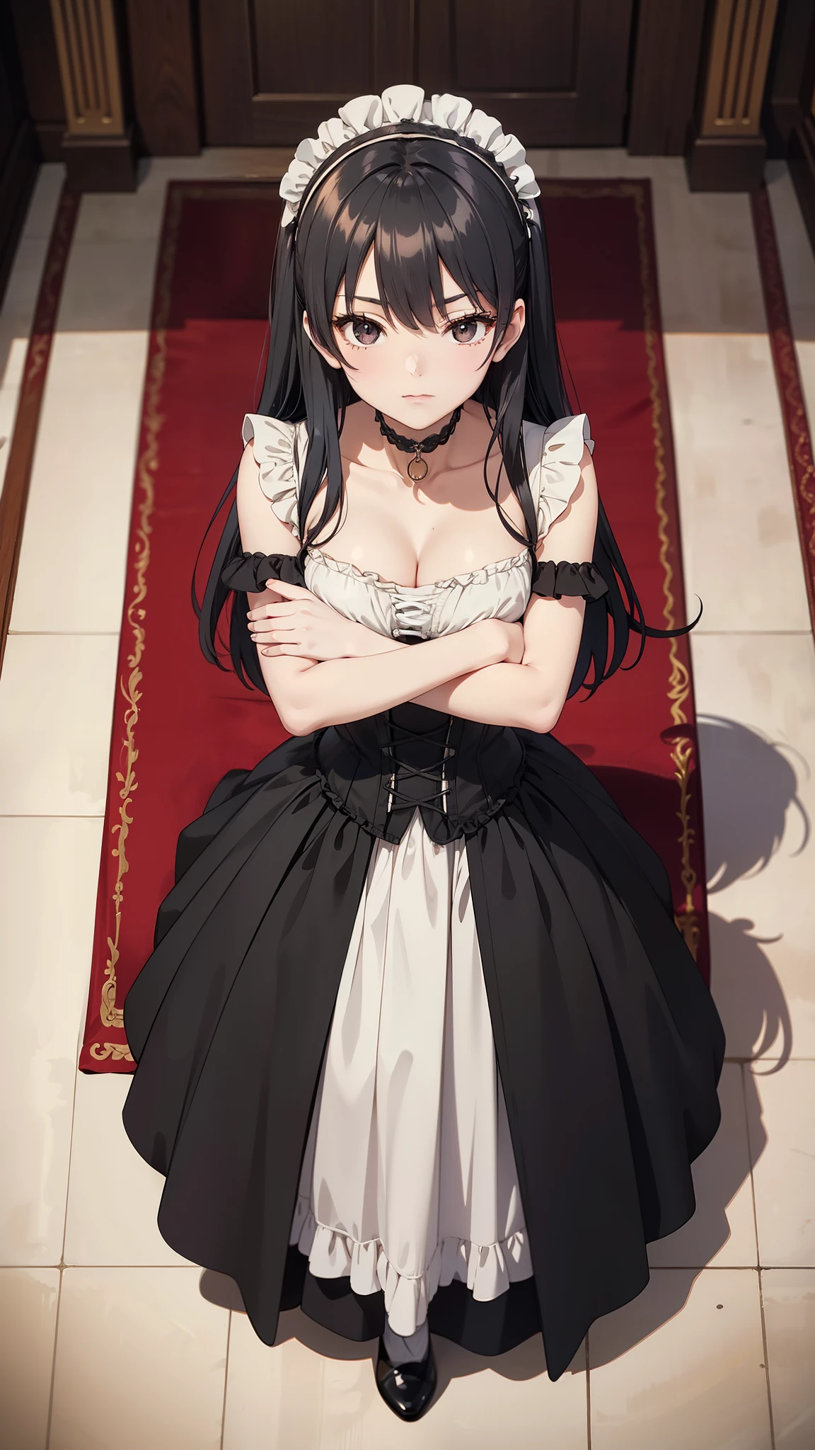 masterpiece, anime style, A young girl,  of foot, (seen from above), (( arms crossed )). pretty face,  tender look, long black hair, detailed eyes,  black eyes,  choker : 1.6, ((Victorian style dress in red and white)), corset, (long skirt), self-critical , elegant room, elegant mansion