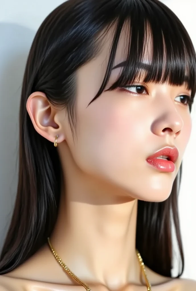 (((upper body shot))),(((nude))),(((nipples))),(((sagging breasts))),Ultra-high resolution,big eyes,Japanese,bangs,(a girl),(1 girl),(forehead),(()),((cute)),pretty,earring,((facing at viewer)),(long hair),necklace,((facing front))