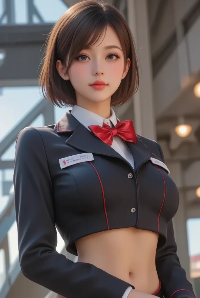 (A hyper-realistic), (illustratio), (hight resolution), (8K), (ighly detailed), (The best illustrations), (beatiful detailed eyes), (top-quality), (ultra-detailliert), (​masterpiece), (wall-paper), (detailed face), droopy eyes,full of sweat, full body, long legs,Armpit,short-hair,inner colored,solo, big breast, cleavage, japanes, Colossal tits、A smile, wearing red blazer, red short skirt, office uniform, street with neon lights