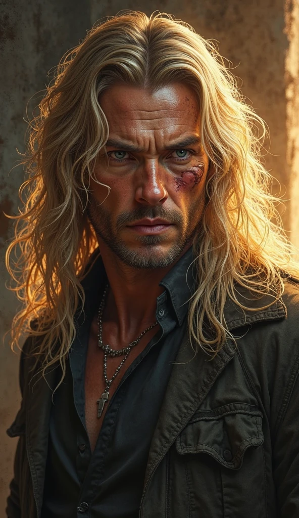 A handsome Aesthetic Sexy muscular Targaryen Prince with long curly platinum blonde hair chained up and hanged in Dungeon, he's wearing dirty white loose simple clothes covering his full body and it has stains and muds, he's tiered and wounded and weak, he's crying, photorealistic,with a broken ruined stone dungeon background