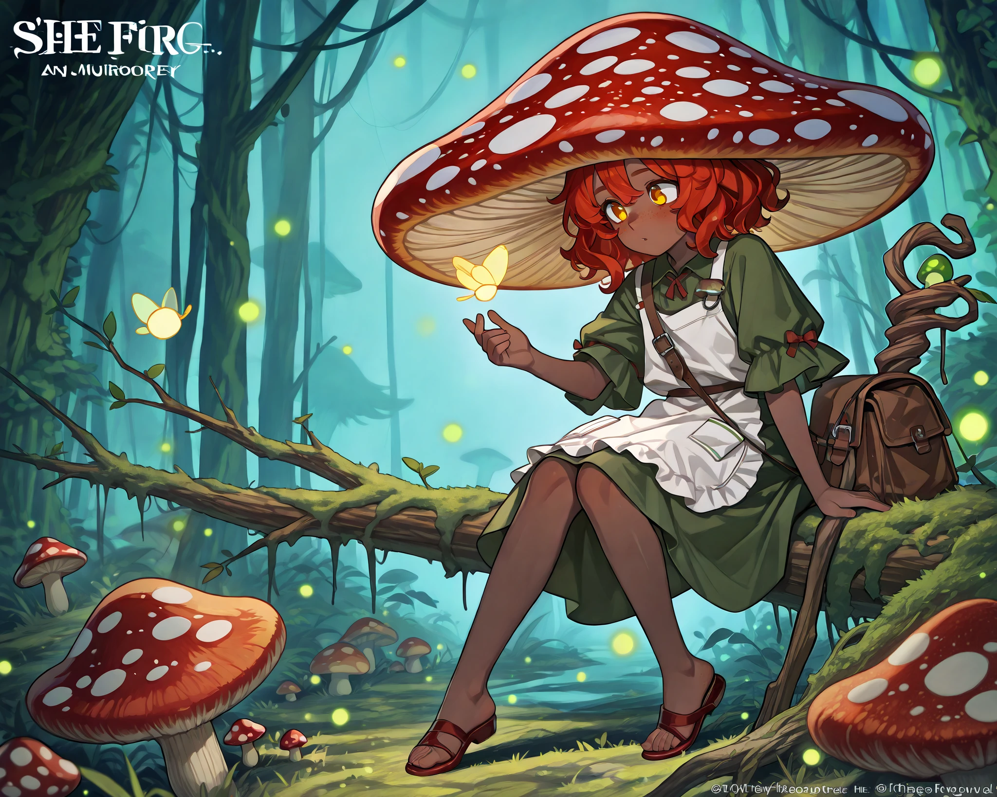  a witch with tanned dark skin covered with freckles. She has yellow/red eyes. She has loose ginger red wavy hair, long to her feet. She wears a swampy green medieval witch's dress and an apron with two pockets. You're wearing a potion belt. There is a bag over her shoulder with medicinal herbs sticking out of it. She has pointy witch's shoes. She wears a red fly Agaric (mushroom) hat on her head. In her hand she holds a staff in the shape of a tree branch overgrown with moss. she slowly walking in the mushroom grove  where big mushroom-trees grow everywhere around blooming swamp, fireflies are flying in the air. 