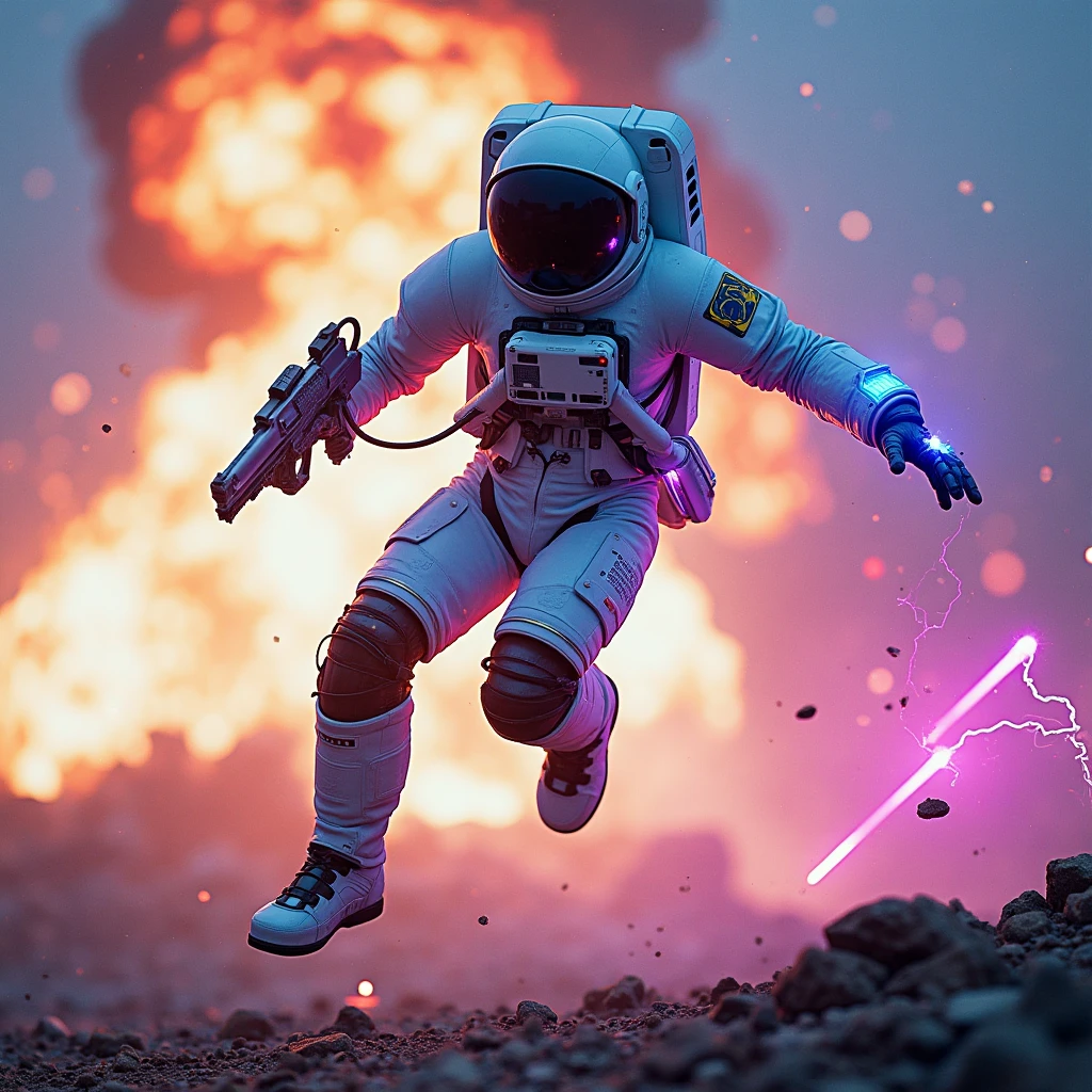 } A half-cyborg astronaut in an intense action scene, bouncing in the air as a huge explosion occurs behind him. His spacesuit is a fusion of advanced technology and cyberpunk style, with visible mechanical details on parts of the body, like arms or legs, showing luminous circuits and integrated metal plates. It holds a futuristic weapon of bold design, radiating brilliant energy. The environment is vibrant and dynamic,  With modern graphic elements , intense neon lights and contrasting electrical colors in shades of blue, purple and magenta. The composition is bold and dramatic, with visual effects that transmit movement and impact, but maintaining the clarity of the scene. The background presents a dystopian cyberpunk setting, with traces of high technology and destruction, while sparks and debris fly through the air, intensifying the adrenaline atmosphere.