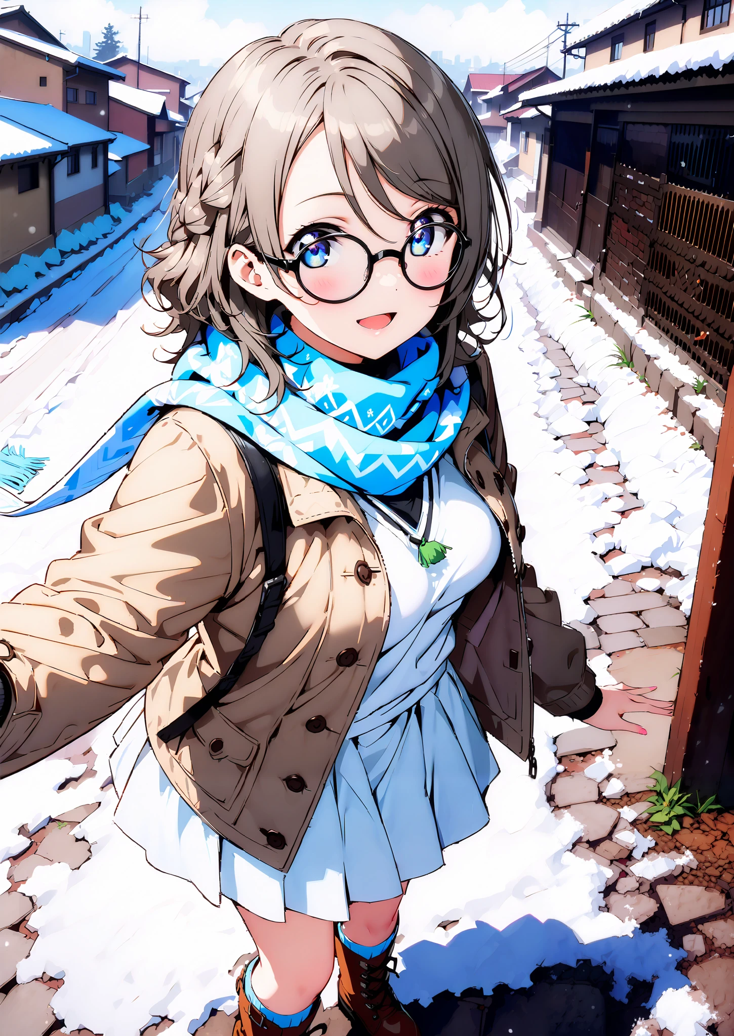 score_9, score_8_up, score_7_up, Alone, 1 girl, Watanabe, short hair,Medium breast,half updo,Glasses,smile,opens her mouth,white breath,blush, duffle coat,(sweater :1.2),( turtleneck:1.2),blue scarf , white long skirt,shoes, snow boots ,snow,morning,standing,full bodyがイラストに入るように,
break outdoors, residential area,
break looking at viewer,full body,
break (masterpiece:1.2),Highest quality , kampala, Unity 8K Wallpaper ,(shape:0.8),( fine, beautiful eyes :1.6),It's a person ,full body写真,CG Details , (perfect hands, complete anatomy),